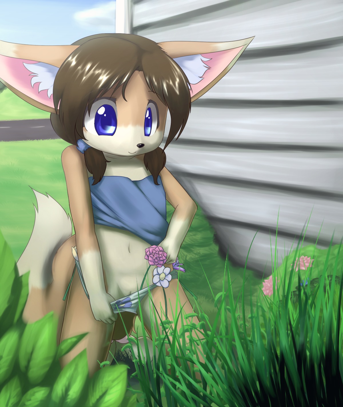 2012 anthro blue_eyes canid canine chelsea_larimore childish_panties childish_underwear clothing clothing_pull delicious_(artist) e621 female fennec_fox floral_print floral_print_panties floral_print_underwear flower flower_panties flower_underwear fox front-print_panties genitals hair hi_res loli mammal navel panties panty_pull plant print_clothing print_panties print_underwear shirt smile solo tail topwear true_fox underwear underwear_pull vulva white_clothing white_panties white_underwear young young_anthro young_female