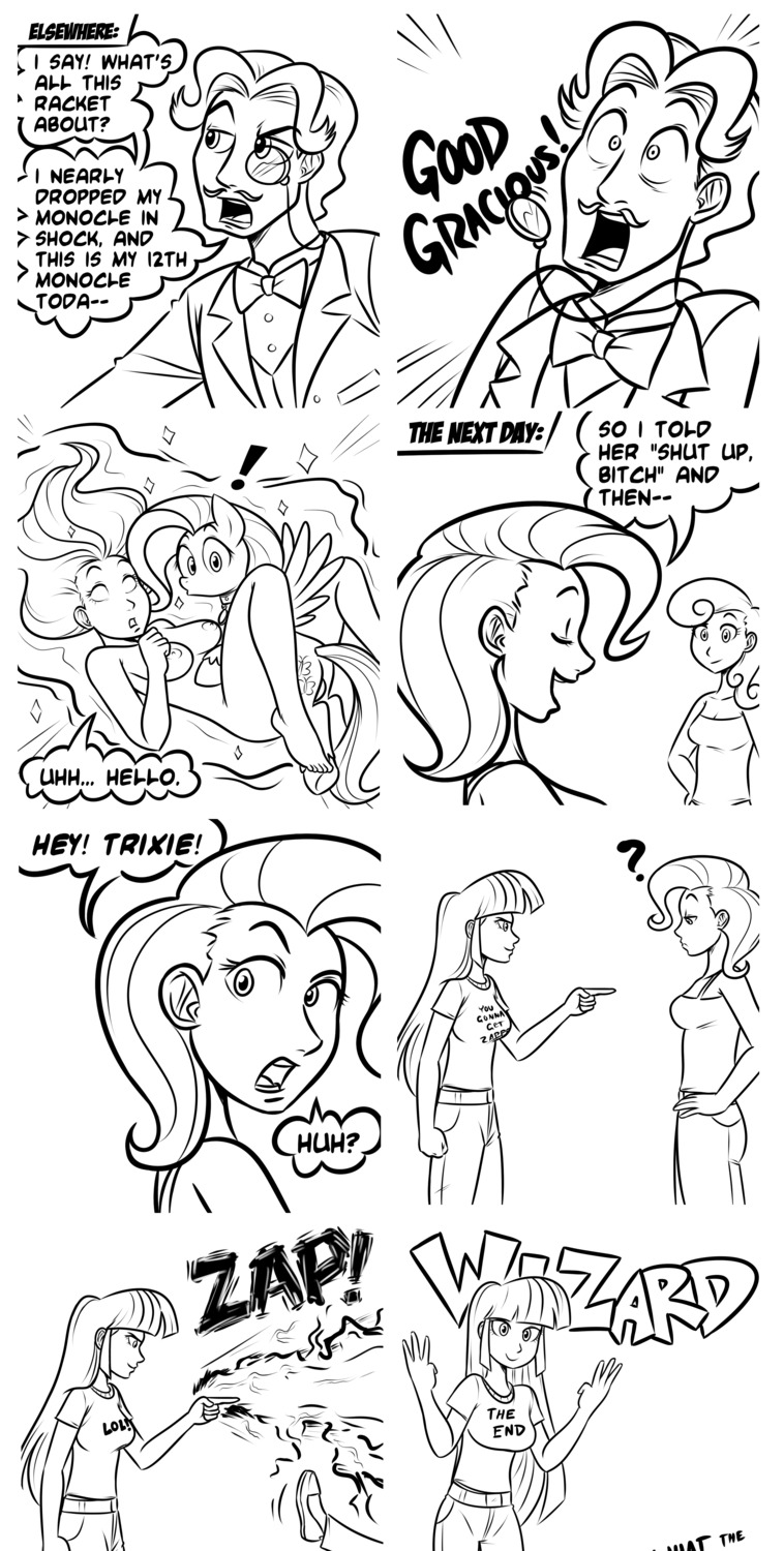 2012 animal_ears balls black_and_white blush bonbon_(mlp) breasts butterfly collar comic cutie_mark english_text equine eyewear fancypants_(mlp) feral fluttershy_(mlp) friendship_is_magic furry futanari futashy hair high_resolution hooves horse human humanized intersex interspecies magic megasweet monochrome monocle my_little_pony nipples nude pegasus pony rule34 sex sketch smooth_skin tail text trixie_(mlp) trixie_lulamoon twilight_sparkle wing_boner wings zoophilia