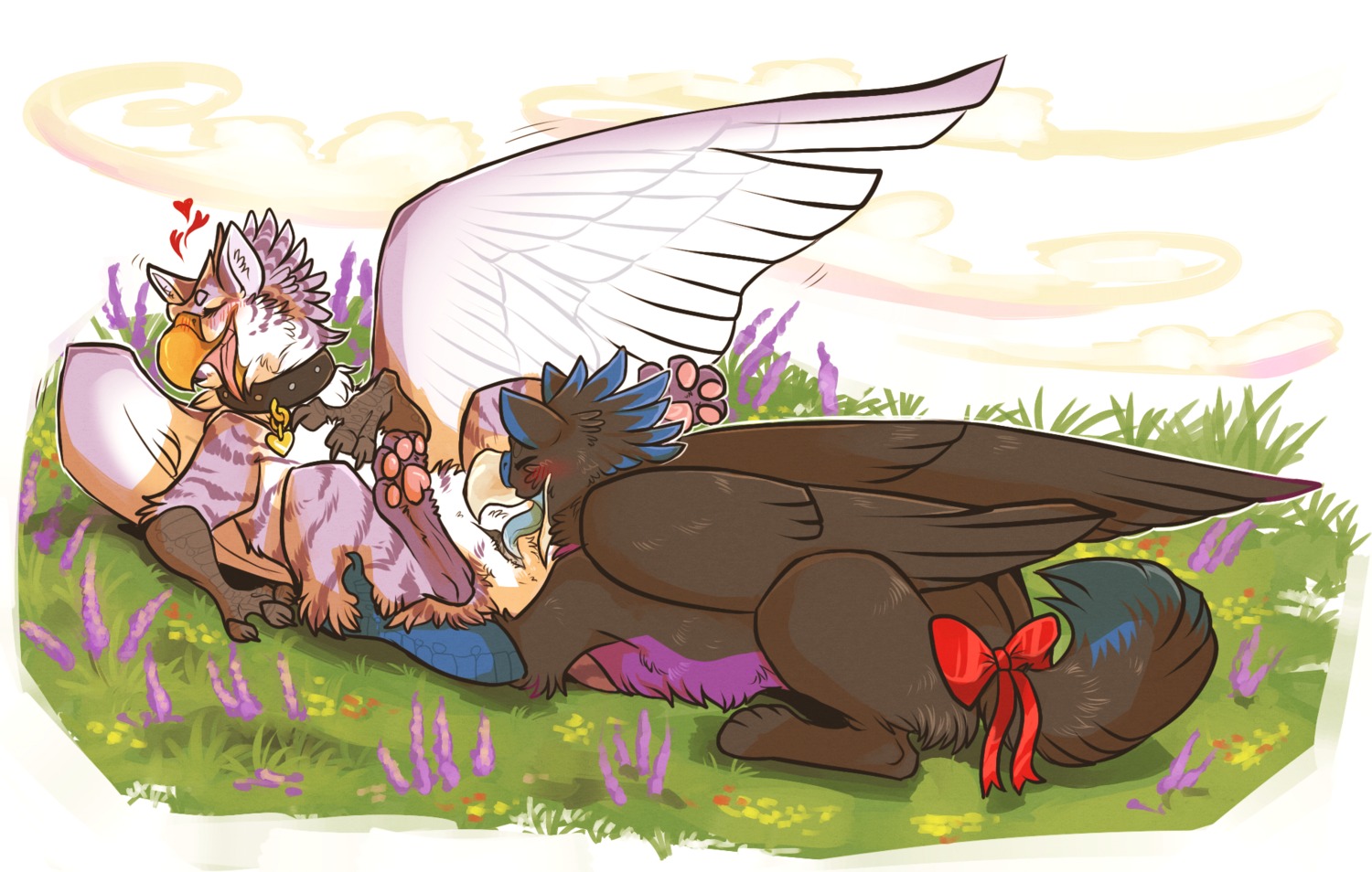 2013 4_toes accessory anthro anthro_on_feral avian beak bestiality bow_(feature) bow_accessory bow_ribbon brown_body brown_feathers collar cunnilingus digitigrade duo e621 eyes_closed feathered_wings feathers feet female female_on_feral feral furgonomics genitals gryphon heart_symbol hi_res hindpaw hoot_(artist) jaelyn_(character) licking lying male male/female mythological_avian mythological_creature mythology nude on_back oral pawpads paws rein_(amaterasu1) ribbons sex spread_legs spreading tail tail_accessory tail_bow tail_ribbon toes tongue tongue_out vaginal vulva wings