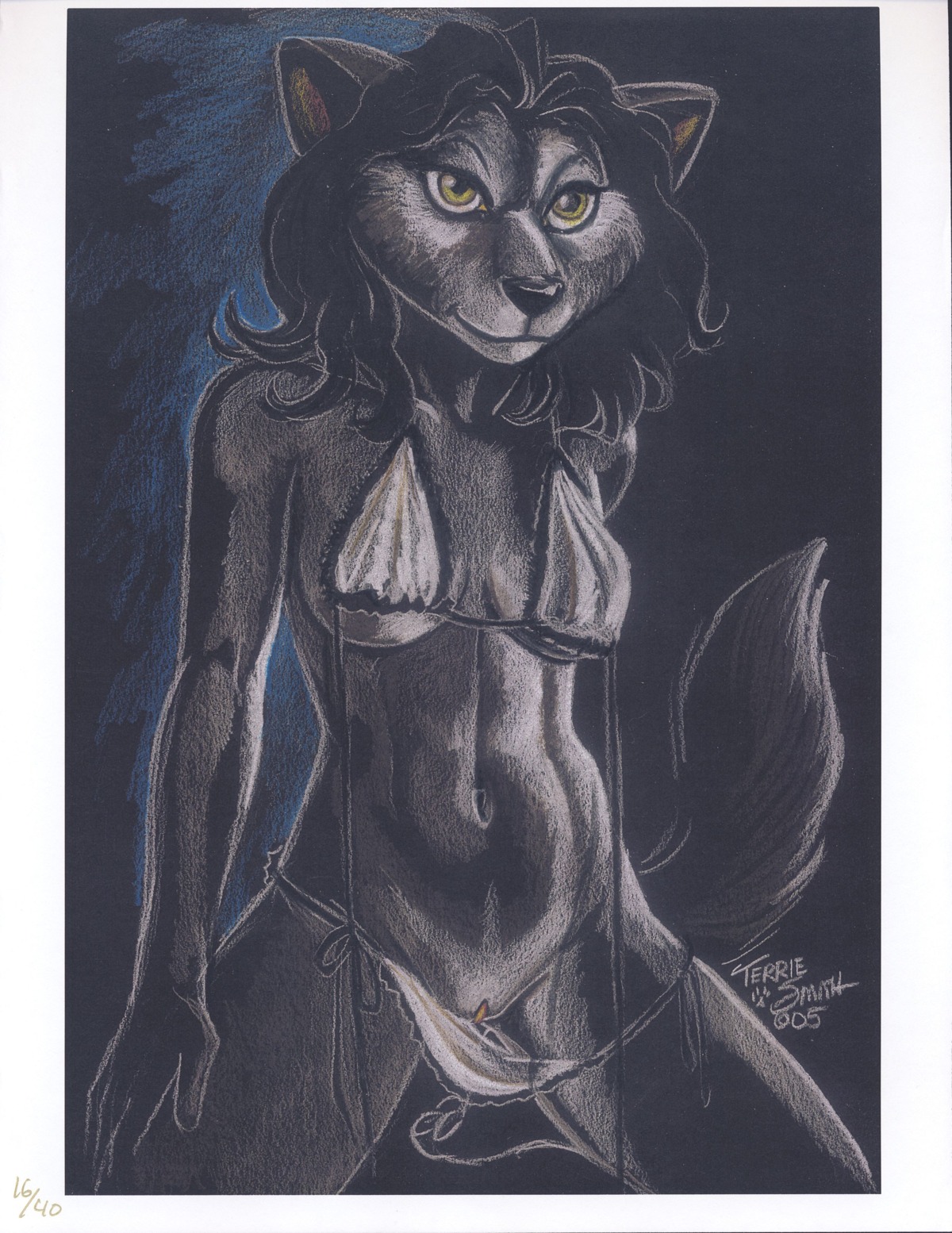 2005 absurd_res anthro biped breasts clothing e621 female genitals hi_res kneeling pinup pose signature solo terrie_smith traditional_media_(artwork) undressing vulva