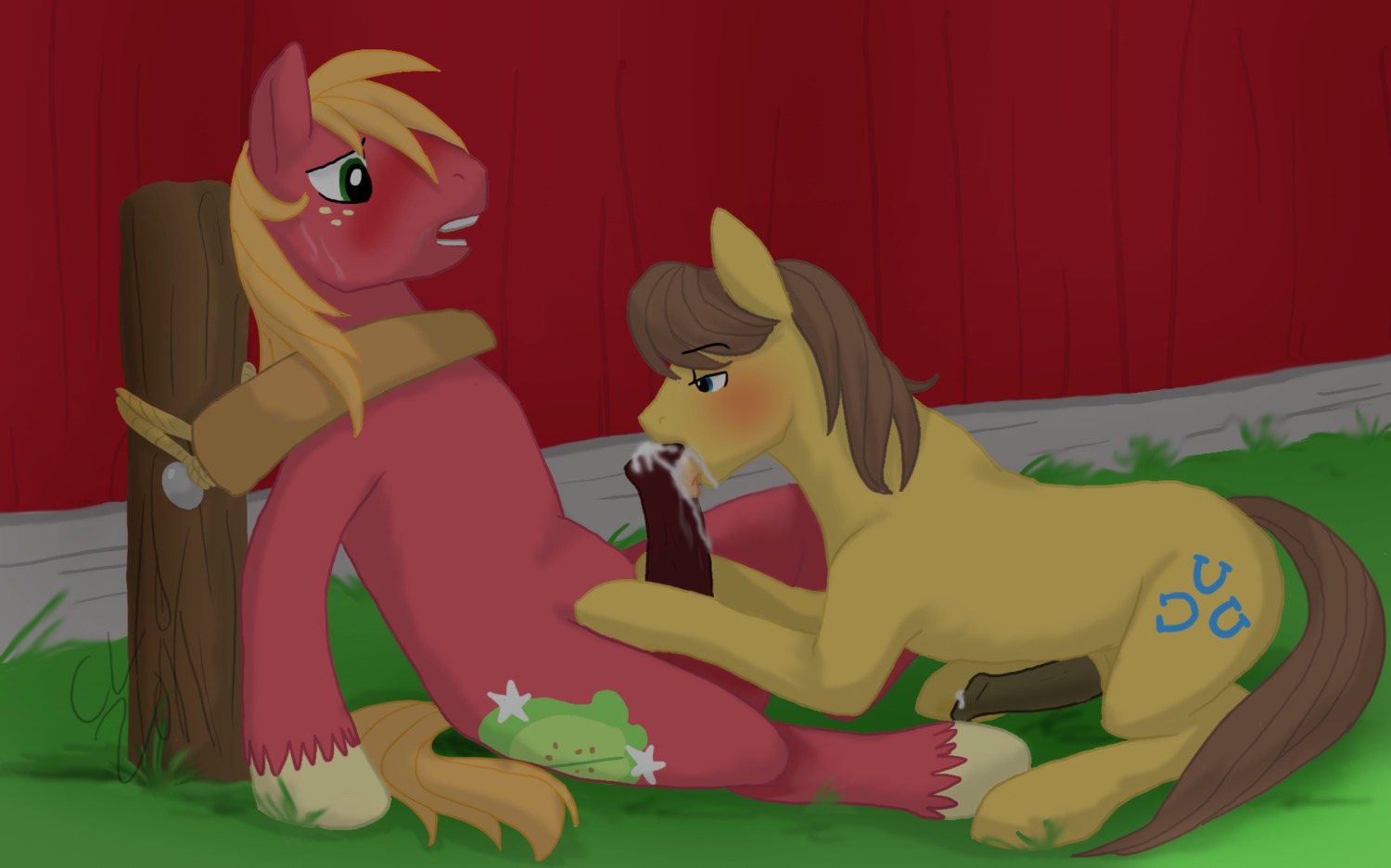 animal_genitalia animal_penis big_macintosh_(mlp) big_penis blue_eyes blush bodily_fluids brown_hair caramel_(mlp) cartoonlion cum cutie_mark draft_horse duo e621 earth_pony equid equine equine_genitalia equine_penis erection feral friendship_is_magic genital_fluids genitals hair hasbro hi_res horse licking male male/male male_penetrated male_penetrating male_penetrating_male mammal my_little_pony oral orange_hair penetration penile penis penis_lick plow_yoke pony quadruped sex tail tongue tongue_out