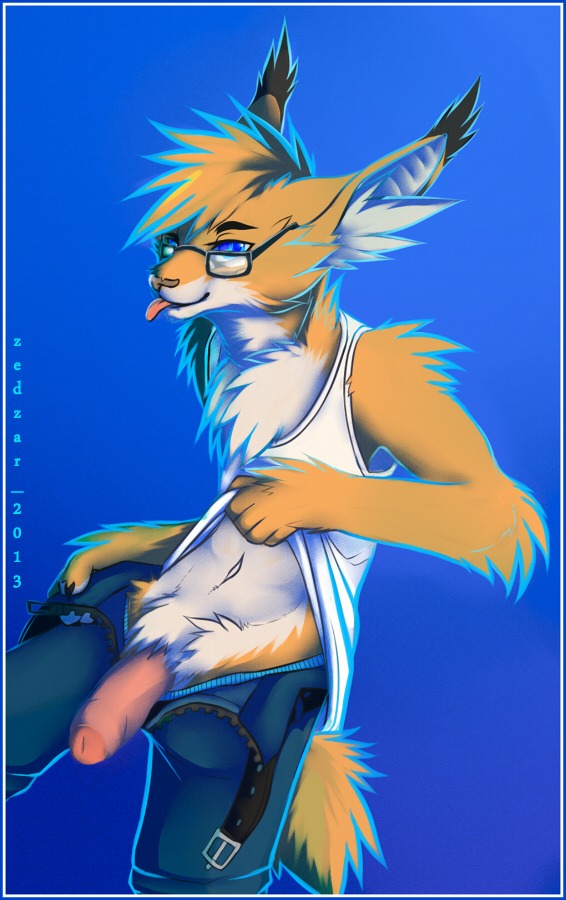2013 anthro belt blue_background blue_eyes bottomwear chest_tuft clothed clothing denim denim_bottomwear denim_clothing e621 erection eyewear felid feline flashing foreskin fur genitals glasses humanoid_genitalia humanoid_penis jeans kitt-n-valentine looking_at_viewer lynx male mammal navel pants partially_clothed partially_retracted_foreskin penis shirt shorts simple_background solo tank_top tongue tongue_out topwear tuft zedzar