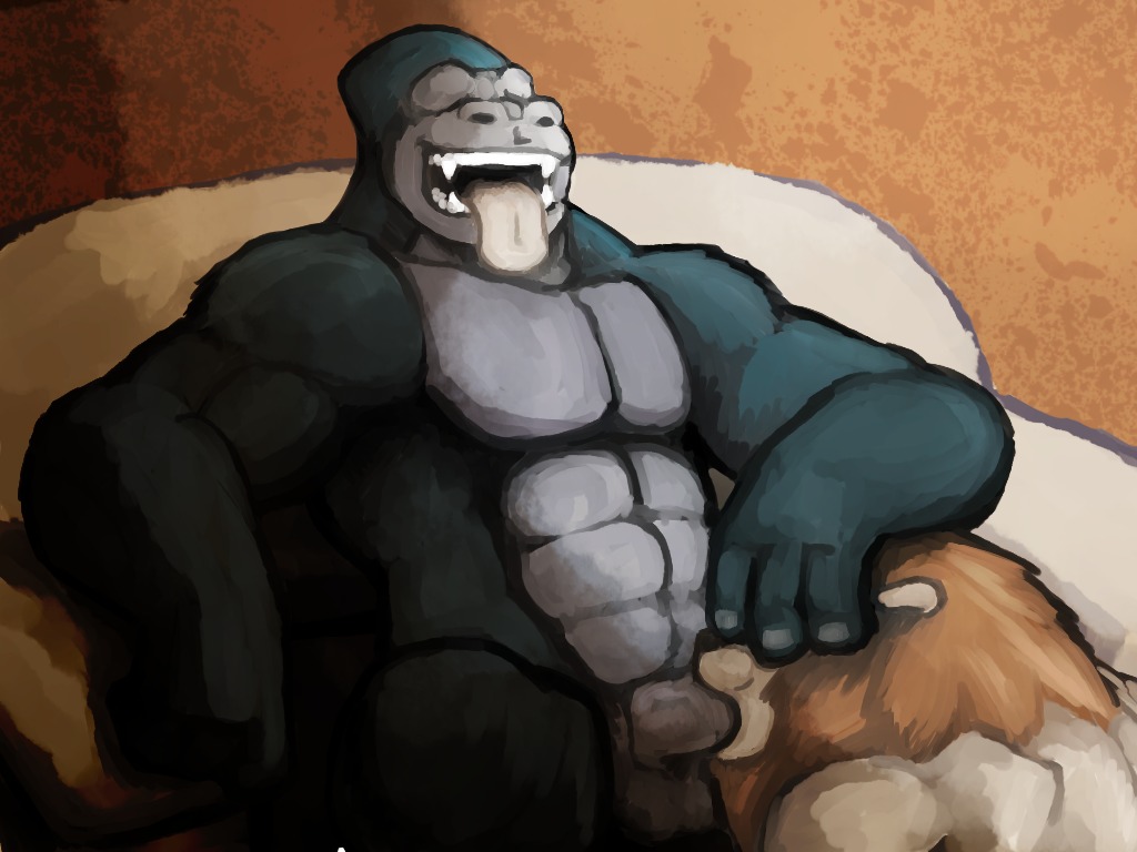 4:3 abs animal_genitalia ape balls biceps big_muscles big_penis black_body black_fur brown_body brown_fur brown_hair chair duo e621 erection eyes_closed fangs felid fellatio fur furniture genitals gorilla grey_body grey_fur grin hair haplorhine interspecies kneeling lion male male/male male_penetrated male_penetrating male_penetrating_male mammal musclegut muscular muscular_male nude open_mouth oral oral_penetration pantherine pecs penetration penile penis presenting primate reclining sex sheath sitting slightly_chubby smile spectral-bat tan_body tan_fur teeth tongue tongue_out vein