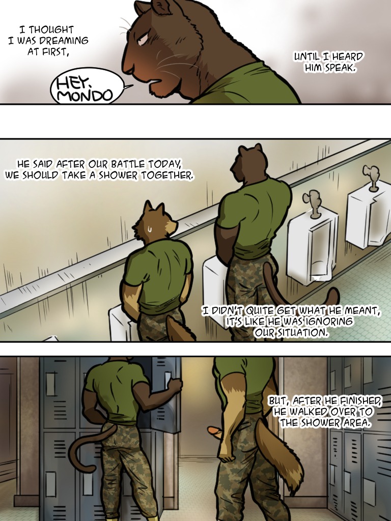 2014 3:4 abs anthro army big_penis bodily_fluids butt canid canine canis coal_(maririn) comic dialogue duo e621 english_text erection felid fur genitals humanoid_genitalia humanoid_penis locker locker_room male male/male mammal maririn melanistic military mondo multiple_scenes muscular pantherine pecs penis penis_poking_out penis_through_fly sweat text urinal wolf