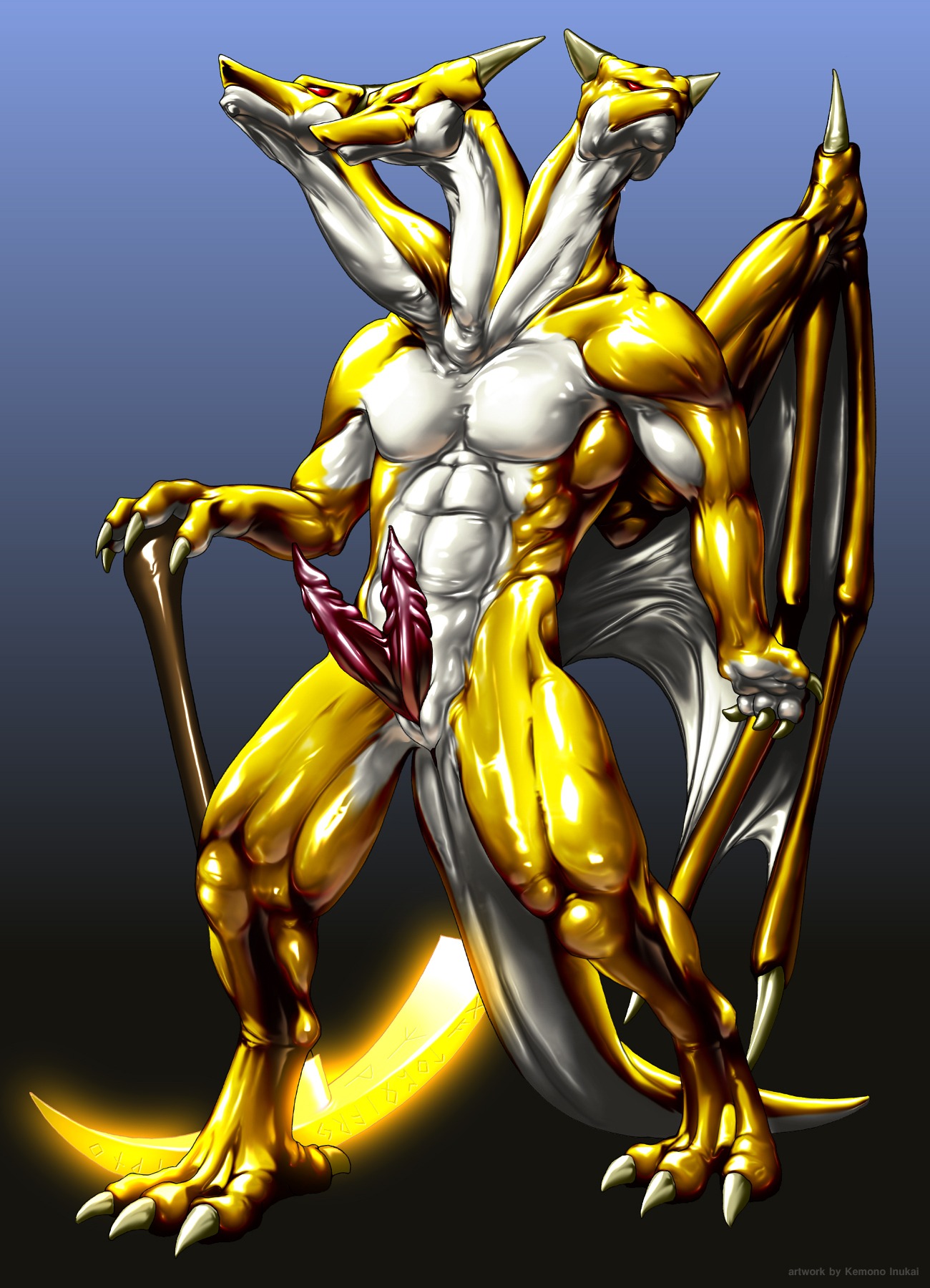 2_penises 3_heads abs animal_genitalia animal_penis anthro anus biceps big_muscles biped claws dragon e621 erection european_mythology genital_slit genitals glistening glistening_body glistening_skin gradient_background greek_mythology hemipenes hi_res holy horn hydra kemono_inukai koan_mascus_(rithnok) latex latex_creature living_latex long_neck male metallic_body multi_genitalia multi_head multi_penis muscular muscular_anthro muscular_male mythological_creature mythological_scalie mythology nude paladin pecs penis presenting reaping_hook red_eyes runes scales scalie simple_background solo standing tail toe_claws weapon western_dragon white_body white_skin yellow_body yellow_skin