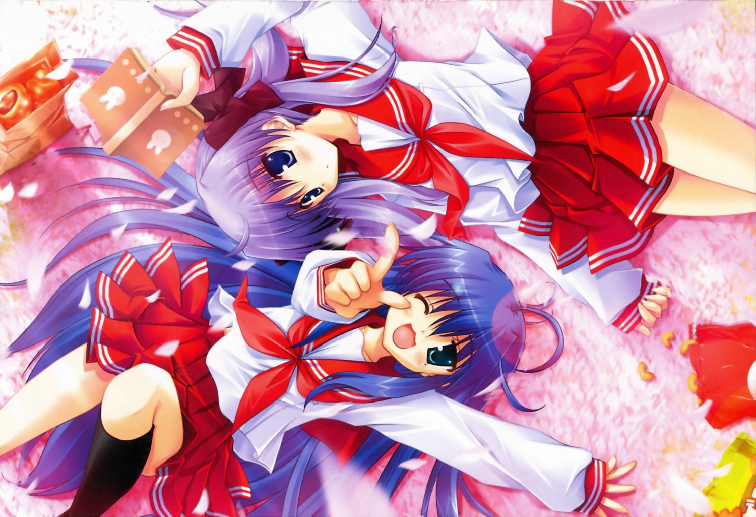 2girls blue_hair female female_only high_res highres human ikegami_akane kagami_hiiragi konata_izumi lucky_star multiple_females multiple_girls purple_hair rule34 wink