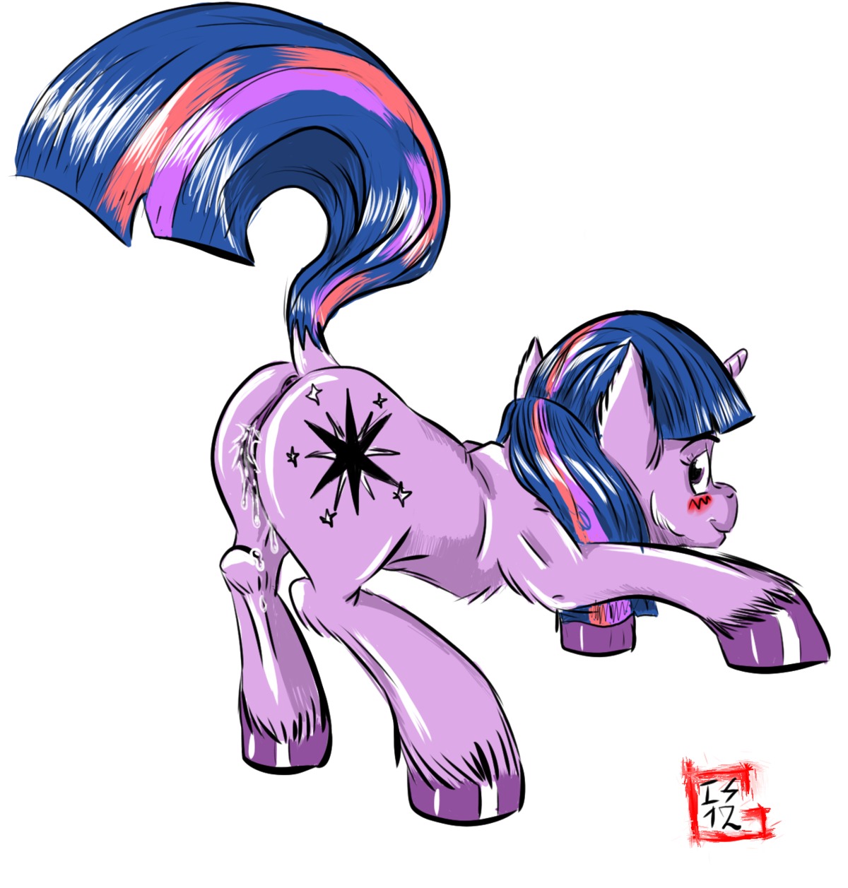 2012 anus bent_over blush bodily_fluids cutie_mark e621 equid equine female feral friendship_is_magic fur gekasso genital_fluids genitals hair hasbro hi_res horn mammal multicolored_hair my_little_pony mythological_creature mythological_equine mythology purple_body purple_eyes purple_fur purple_hair raised_tail signature simple_background solo tail twilight_sparkle_(mlp) two_tone_hair unicorn vaginal_fluids vulva white_background
