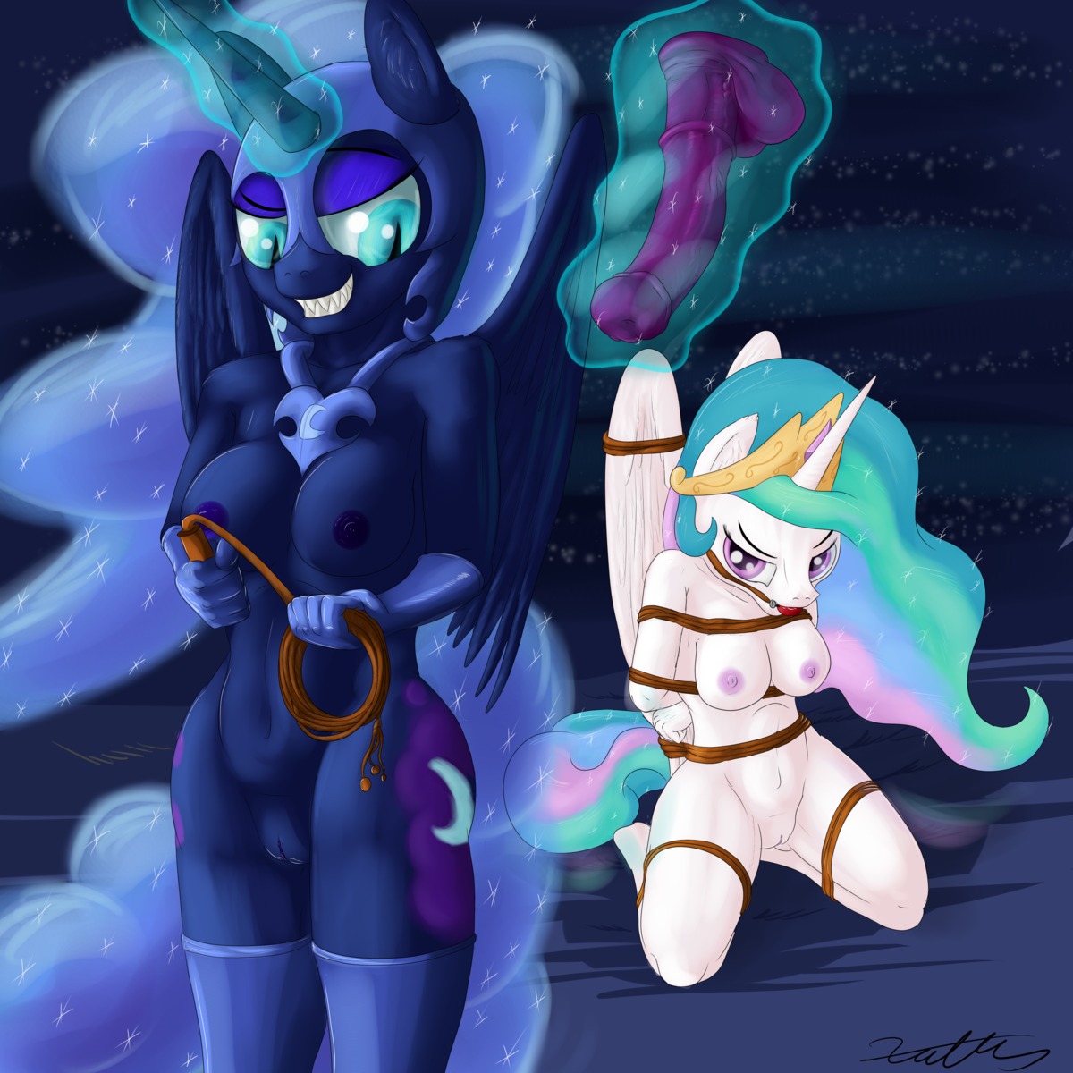 1:1 2014 absurd_res animal_dildo animal_genitalia animal_sex_toy anthro anthrofied ball_gag bdsm blue_body blue_eyes blue_hair bondage bound breasts crown cutie_mark dildo duo e621 equid equine equine_dildo eyelashes feathered_wings feathers female female/female friendship_is_magic fur gag gagged genitals hair half-closed_eyes hands_behind_back happy hasbro headgear hi_res horn incest_(lore) looking_back looking_down mammal multicolored_hair my_little_pony mythological_creature mythological_equine mythology narrowed_eyes navel nightmare_moon_(mlp) nipples object_in_mouth open_mouth princess princess_celestia_(mlp) pupils purple_eyes rope royalty sex_toy sharp_teeth sibling_(lore) sister_(lore) sisters_(lore) sitting slit_pupils smile teeth vulva whip white_body winged_unicorn wings xanthor