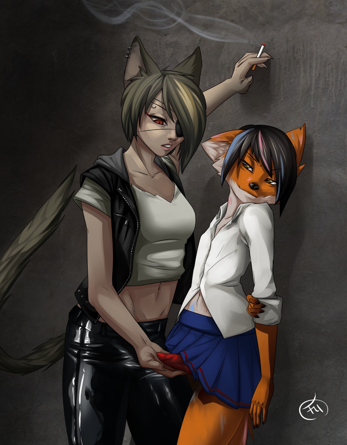 2014 absurd_res alley animal_genitalia animal_humanoid animal_penis anthro bailey_williams black_hair blonde_hair bottomwear breasts bulge canid canine canine_genitalia canine_penis clothed clothing crossdressing digital_media_(artwork) dragonfu duo e621 erection eye_patch eyewear femboy fox genitals gynomorph hair hi_res humanoid intersex jacket knot leather leather_clothing leather_jacket leather_topwear male mammal penis piercing shaded shirt skirt smoking standing student tatiana_milliston topwear