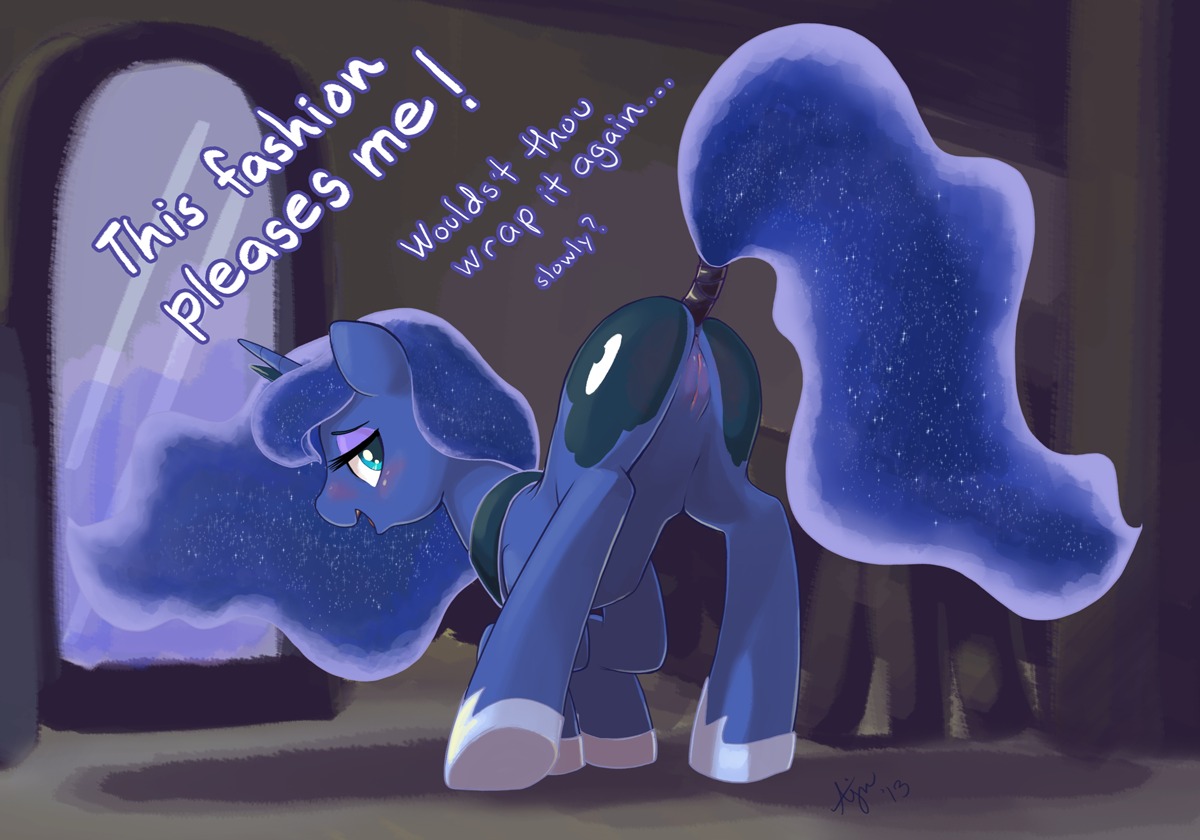 2013 ajin anus ass_up bent_over blue_body blue_eyes blue_fur blush butt crown cutie_mark dialogue e621 english_text equid equine ethereal_hair female feral friendship_is_magic fur genitals hair hasbro headgear horn looking_at_viewer looking_back mammal mirror my_little_pony mythological_creature mythological_equine mythology open_mouth presenting presenting_hindquarters princess princess_luna_(mlp) pseudo_hair raised_tail royalty signature solo tail tail_wraps text tiara unicorn vulva wraps