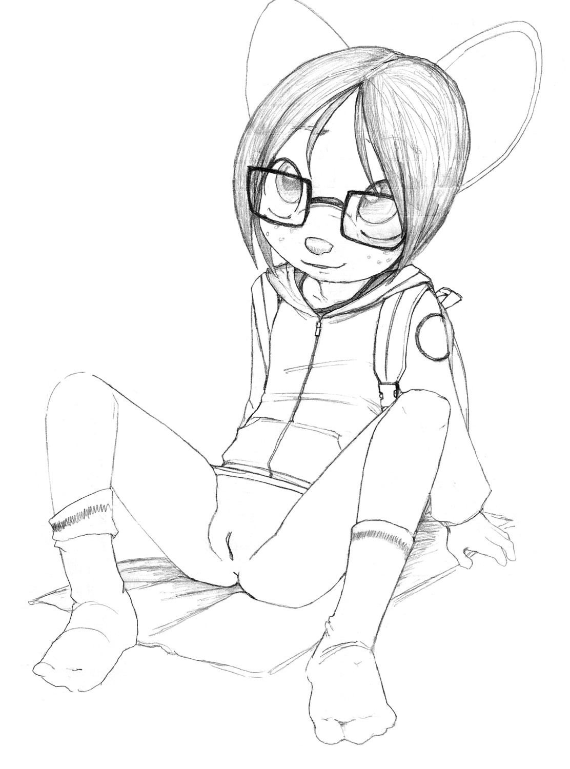 anthro backpack bottomless butt clothed clothing e621 ellie_(paige) eyewear female footwear freckles genitals glasses greyscale hair hi_res hoodie house_mouse legwear loli mammal monochrome mouse murid murine notebook_paper_background paige_(artist) rodent short_hair socks solo topwear vulva young young_anthro young_female