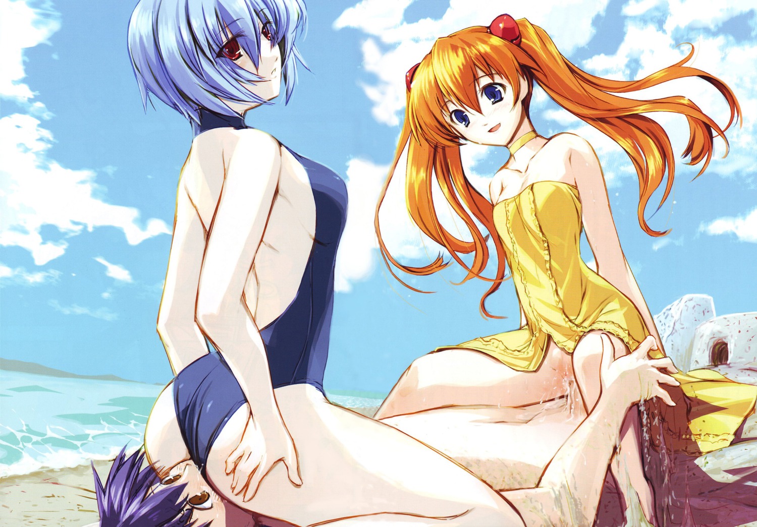 2girls asuka_langley_sohryu beach blue_eyes breasts brown_eyes censored clothed_female_nude_male clothed_sex clothing cowgirl_position dress eyes_of_dragon_(artist) female female_on_top femdom group_sex highres human male malesub mosaic_censoring neon_genesis_evangelion ocean one-piece_swimsuit outdoors penis red_eyes rei_ayanami reverse_spitroast rule34 sand sex shinji_ikari small_breasts straight swimsuit threesome