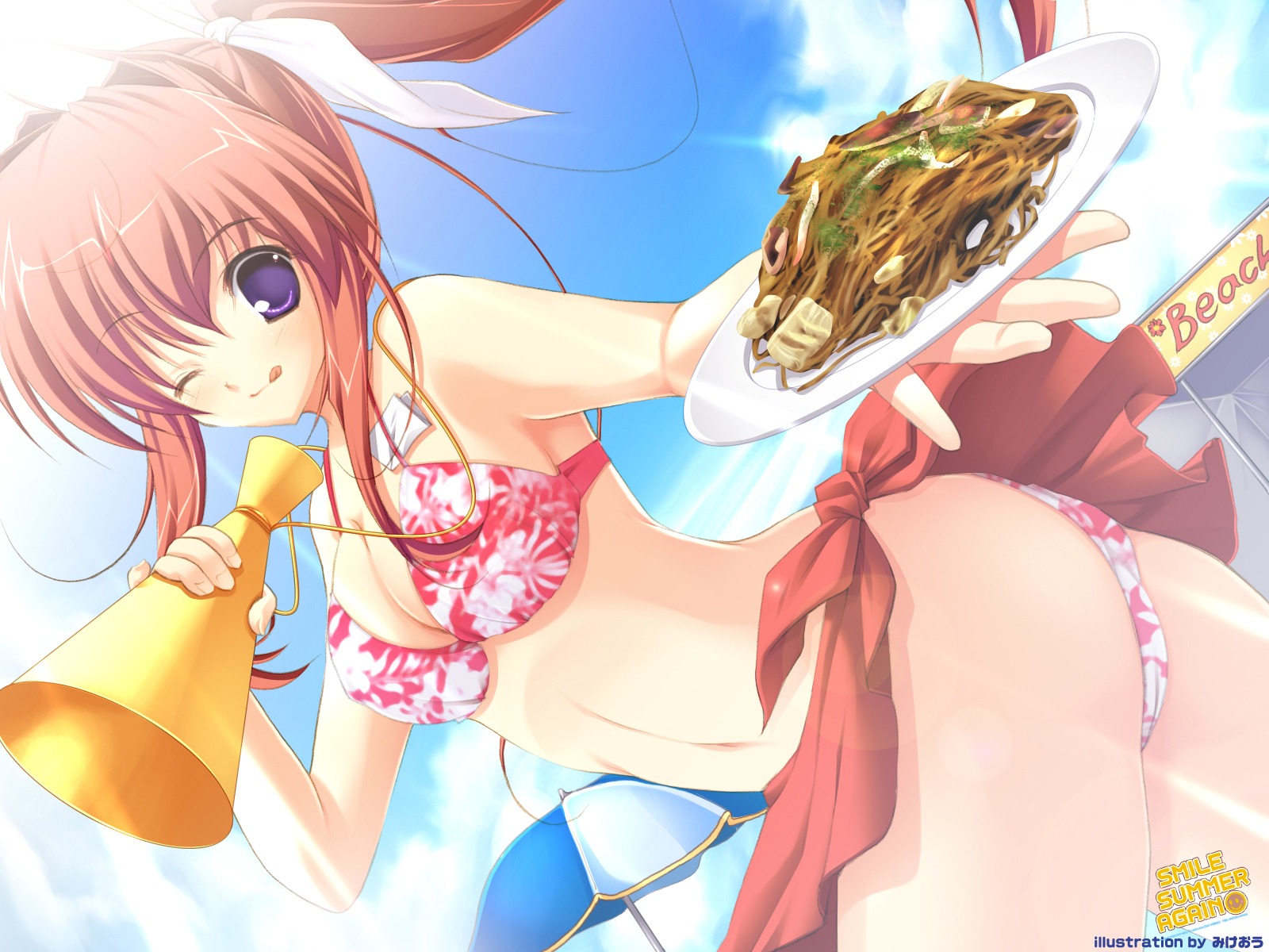bikini cloud clouds female highres mikeou panties pink_chuchu purple_eyes red_hair ribbon ribbons rule34 sky smile_summer_again swimsuit tongue underwear wallpaper wink