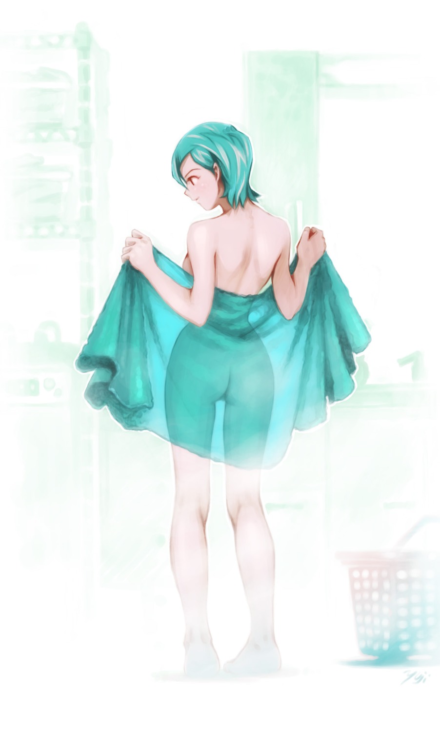 1girls aqua_hair ass back barefoot breasts eureka eureka_seven feet female highres kobayashi_yuji kobayashi_yuuji nude open_towel rule34 see-through sideboob solo towel uncensored