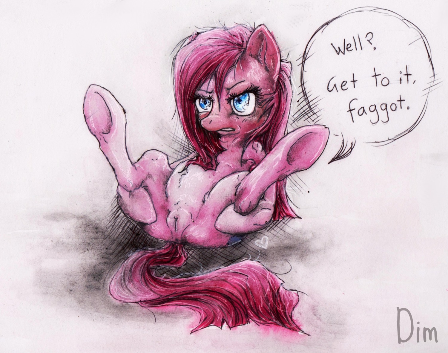 blue_eyes dialogue dimwitdog e621 earth_pony english_text equid equine female feral friendship_is_magic genitals hair hasbro hi_res homophobic_slur horse inviting mammal my_little_pony nude pink_hair pinkamena_(mlp) pinkie_pie_(mlp) pony presenting slur solo tail text vulva