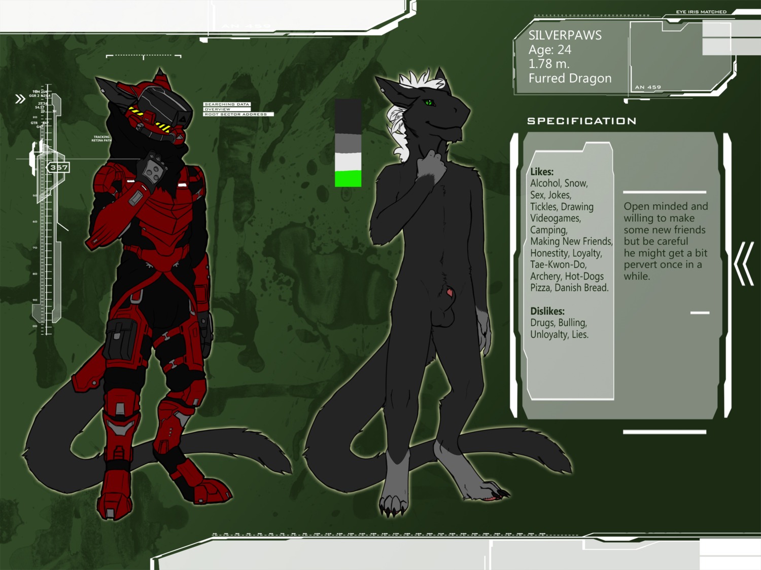 4:3 abstract_background animal_genitalia anthro armor balls biped chakat-silverpaws_(character) claws digitigrade dragon e621 ear_piercing english_text feathers flat_colors fur furred_dragon furred_scalie genitals green_eyes grey_body grey_fur hair hi_res long_tail male model_sheet mythological_creature mythological_scalie mythology nude paws penis penis_tip piercing scalie sheath silverpaws simple_background smile solo tail tech text white_hair xoloitz