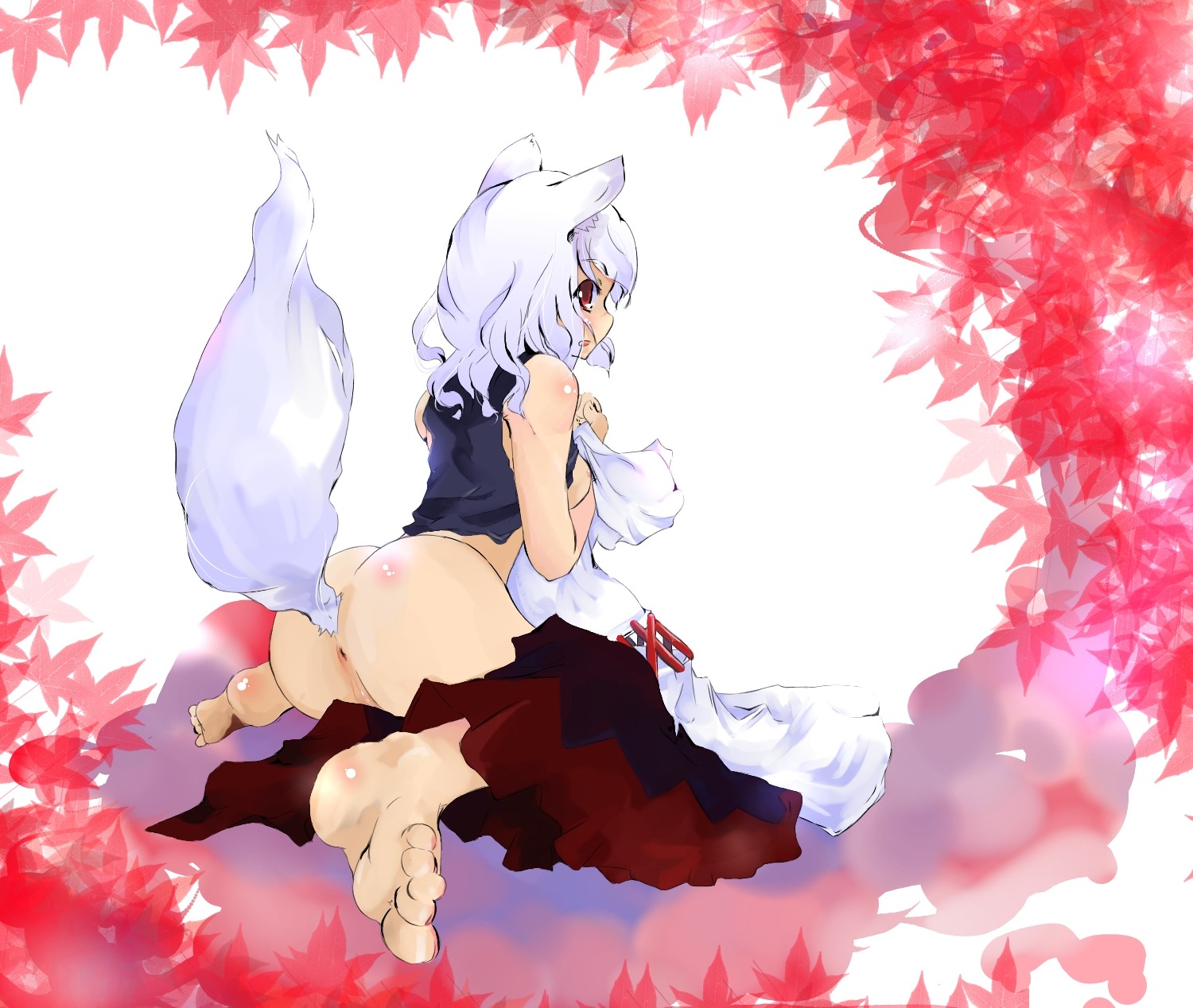 1girls 2d anus ass barefoot female female_only highres momiji_inubashiri nazo red_eyes rule34 short_hair silver_hair solo tail touhou uncensored wolf_ear wolf_tail