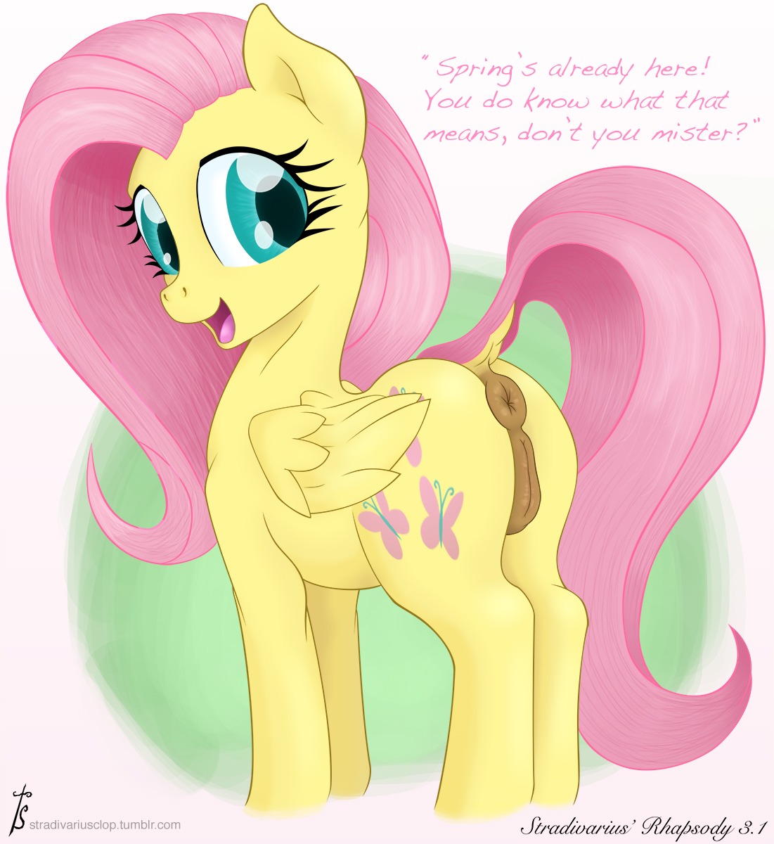 anus e621 english_text equid equine feathered_wings feathers female feral fluttershy_(mlp) friendship_is_magic genitals hasbro hi_res mammal my_little_pony mythological_creature mythological_equine mythology nude pegasus solo stradivarius teats text vulva wings yellow_body yellow_feathers