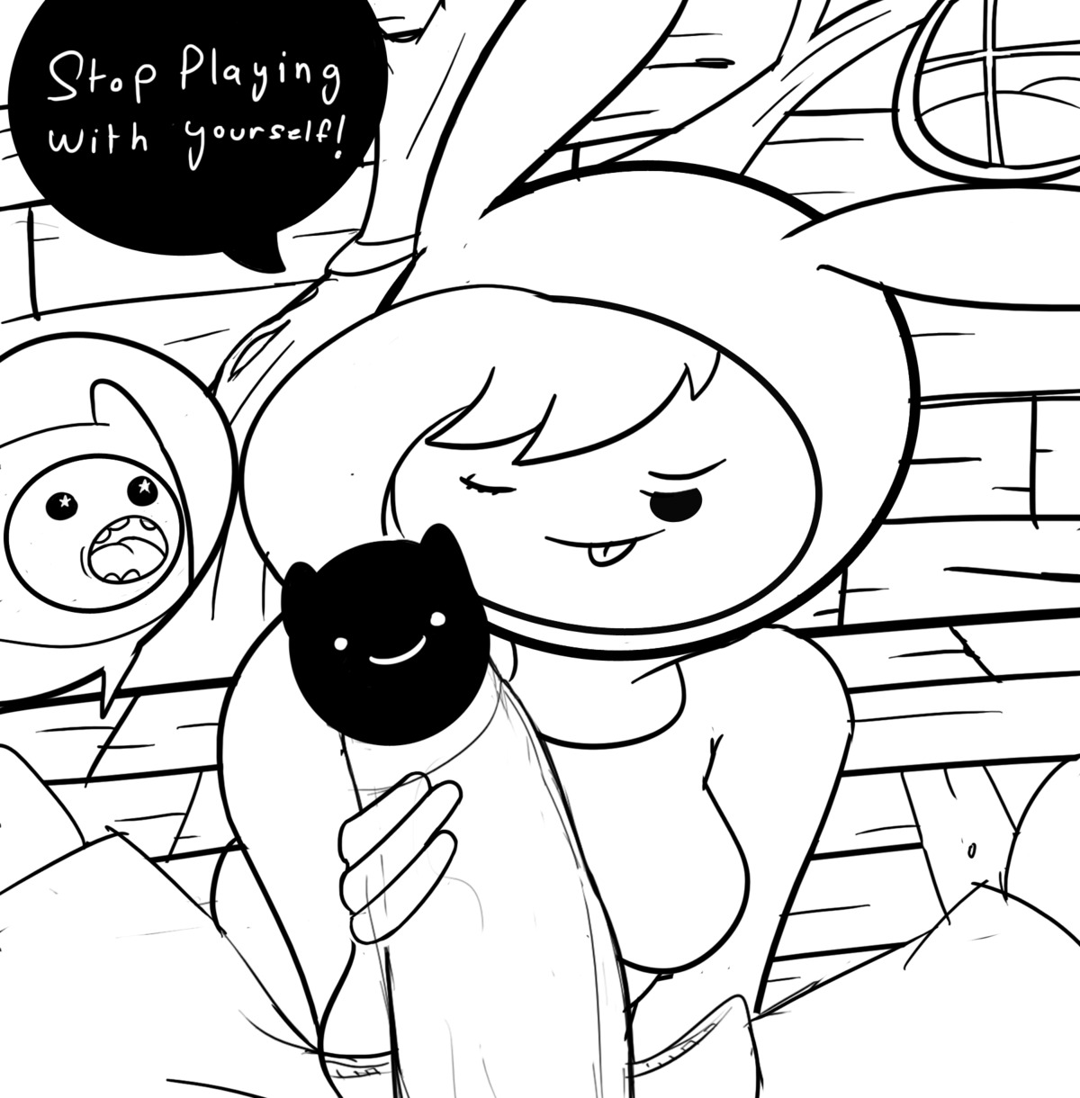 adventure_time censored female finn_the_human fionna_the_human_girl handjob monochrome novelty_censor rule34 selfcest tongue tongue_out wink