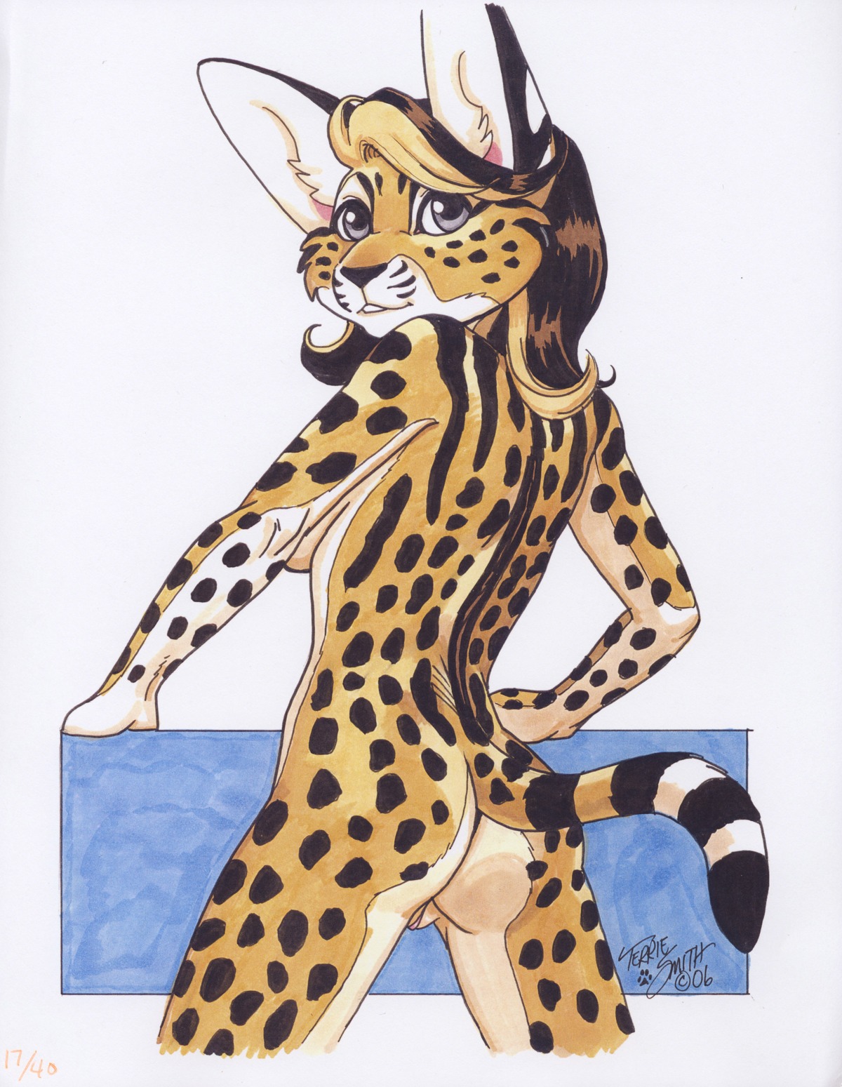 2006 absurd_res anthro butt e621 felid female genitals hair hi_res leopard looking_at_viewer looking_back mammal nude pantherine signature solo spots terrie_smith traditional_media_(artwork) vulva