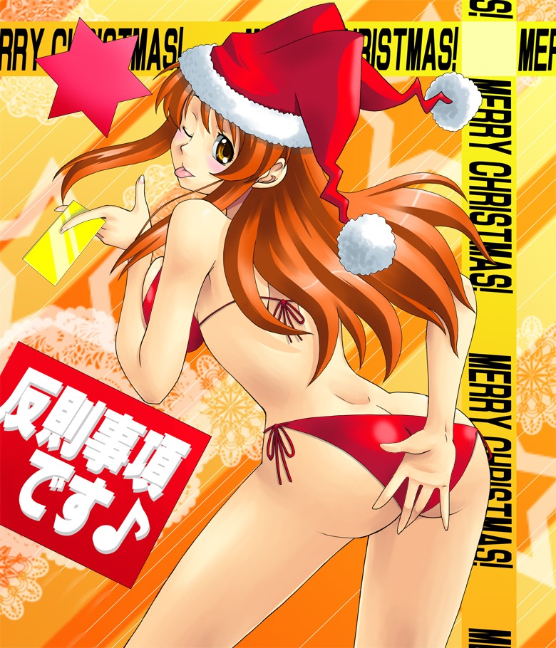 asahina_mikuru ass ass_cleavage ass_crack bikini breasts butt_crack christmas female hat human human_only jester_cap large_breasts letter long_hair love_letter mizugi rule34 santa_costume santa_hat suzumiya_haruhi_no_yuuutsu swimsuit tongue wink yaso_shigeru yellow_eyes