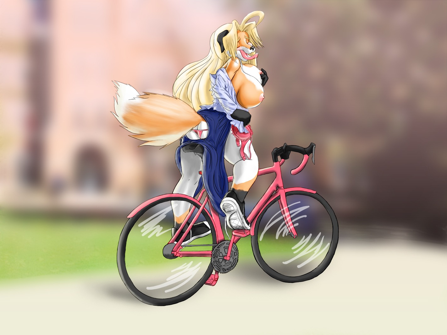 aglet anthro bicycle big_breasts bra breasts canid canine clothing cycling e621 female fox mammal nipple_fetish nipple_pinch nipple_play nipples outside panties pinch shoelaces shoelaces_untied simonaquarius solo tail taunting tongue tongue_out underwear vehicle