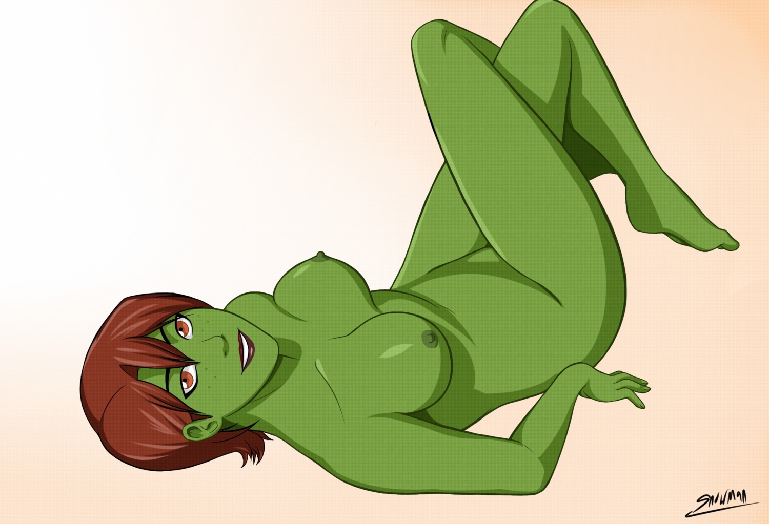 1girls breasts crossed_legs dc dc_comics earth_16 female freckles green_skin looking_at_viewer miss_martian nipples orange_eyes parcheesy red_hair rule34 short_hair simple_background snowman1940 solo young_justice