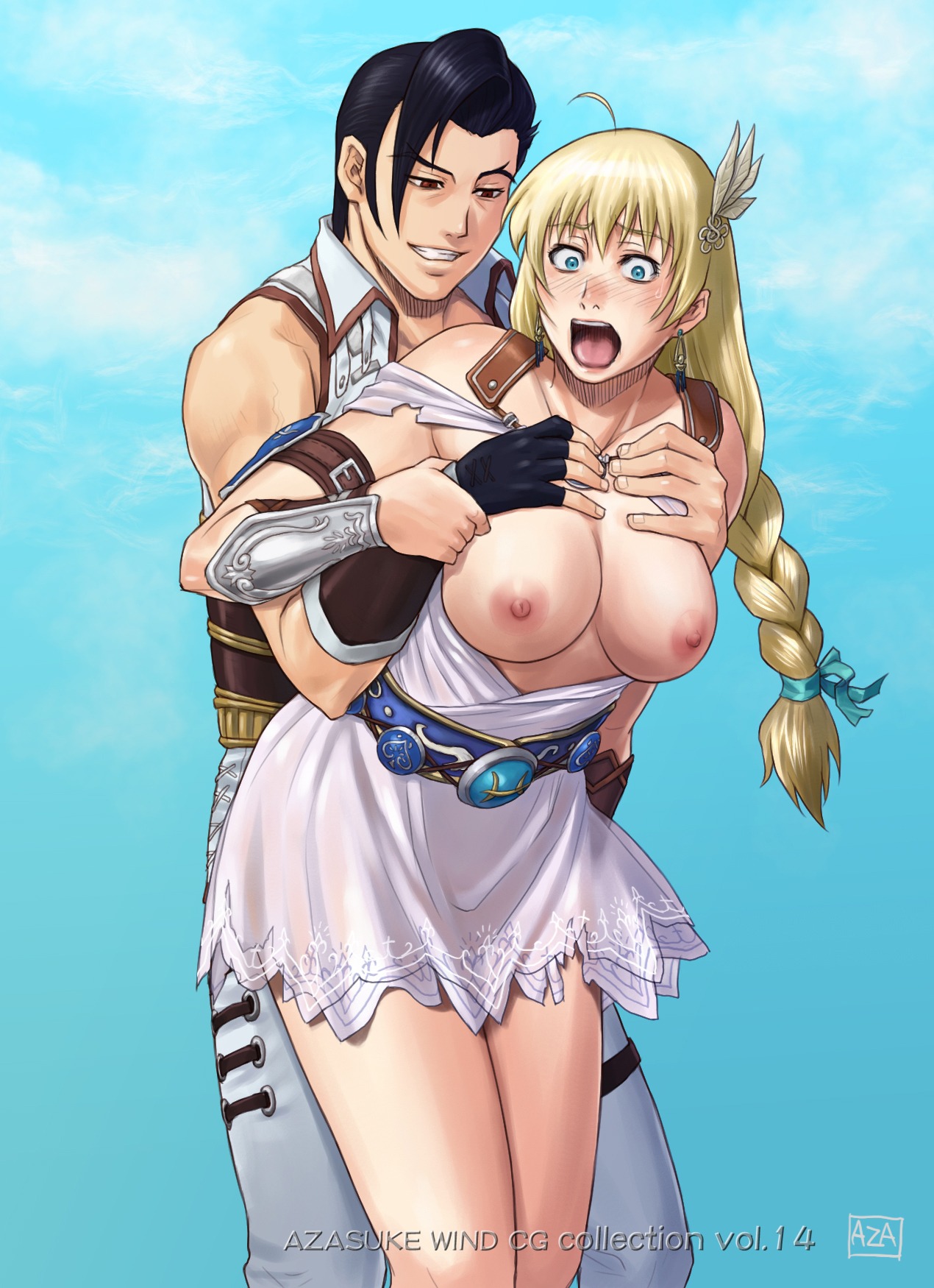 aqua_eyes azasuke belt black_hair blonde_hair blush braid breasts clenched_teeth defeated earrings female fingerless_gloves green_eyes highres human large_breasts long_hair male maxi_(soulcalibur) milf nipples open_mouth red_eyes rule34 short_hair skirt smile sophitia_alexandra soul_calibur standing straight sweat topless