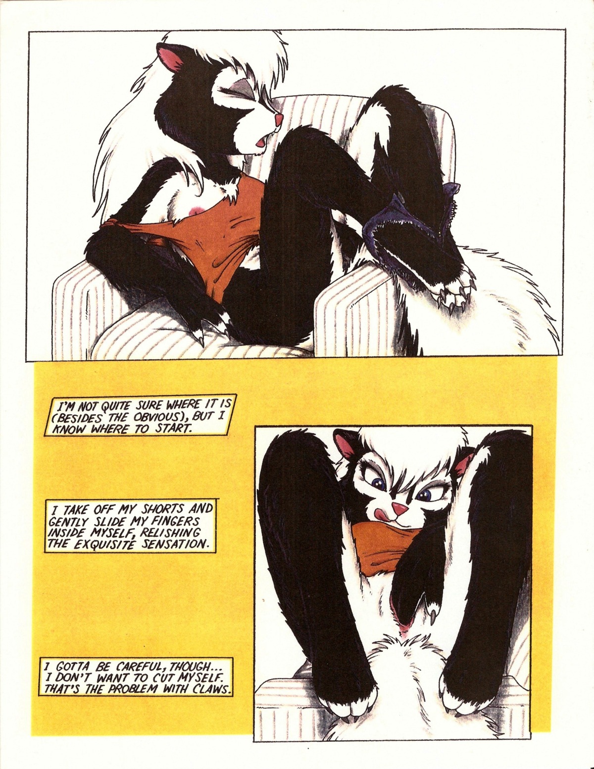 1998 4_toes absurd_res anthro barefoot biped bottomless breasts chair claws clothed clothing comic e621 english_text feet female fingering fingering_self furniture genitals hi_res james_m_hardiman mammal masturbation mephitid natasha_(jmh) nipples nude sitting skunk solo text toes tongue vaginal vaginal_masturbation vulva
