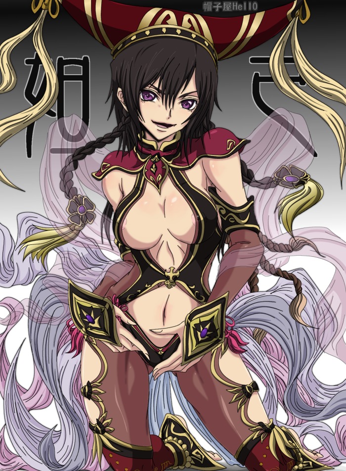 beige_skin black_hair braid breasts cleavage code_geass color cosplay da_ji da_ji_(cosplay) erect_nipples female female_only front_view hair hat kneeling large_breasts lelouch_lamperouge long_hair luluko madhatter_hello midriff musou_orochi navel nipple_slip nipples open_eyes purple_eyes rule34 rule_63 solo twin_braids warriors_orochi