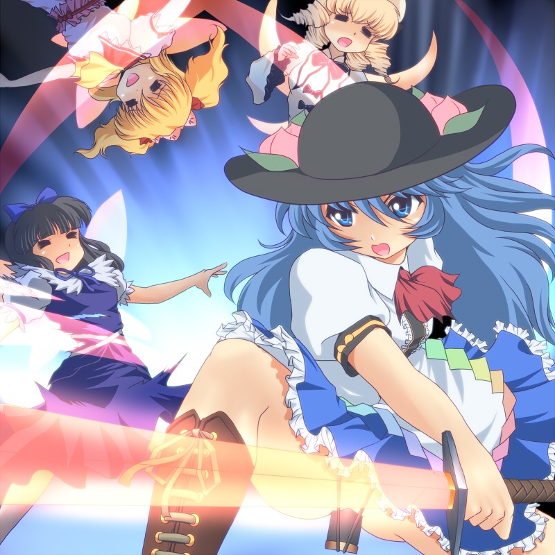 4girls black_hair blonde_hair blue_hair bow dildo drill_hair female hairbow hat long_hair luna_child multiple_females multiple_girls peach_(fruit) red_eyes rule34 short_hair star_sapphire_(touhou) sunny_milk sword sword_of_hisou tenshi_hinanawi tied_hair touhou twintails wancozow weapon when_you_see_it wings