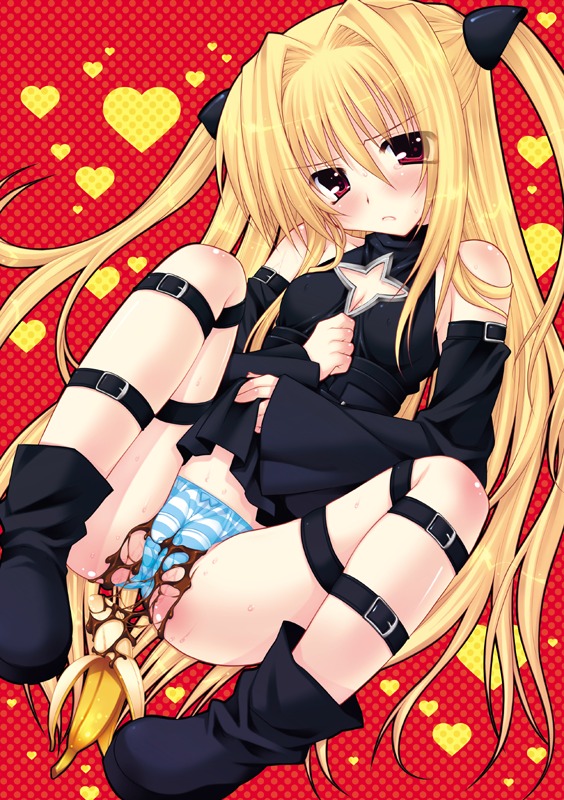 araiguma banana belt belts blonde_hair blush breasts chocolate clothing detached_sleeves female food fruit konjiki_no_yami long_hair panties pointy_chin red_eyes rule34 sexually_suggestive skirt skirt_lift small_breasts striped striped_panties thigh_strap to_love-ru underwear
