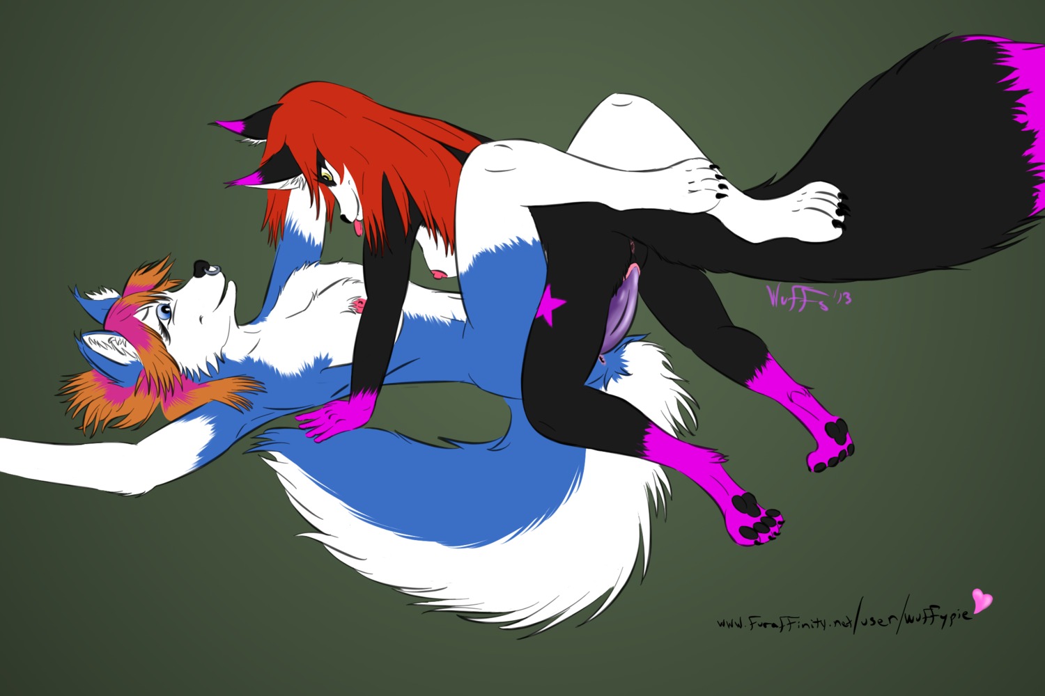 2013 3:2 anthro anus blue_eyes breasts canid canine canis claws dildo dipstick_tail domestic_dog double_dildo duo e621 facial_piercing female female/female fox genitals gloves_(marking) green_background green_eyes hi_res husky inner_ear_fluff leg_markings leg_wrap legs_up lying mammal markings multicolored_tail nordic_sled_dog nose_piercing nose_ring on_back pawpads penetration piercing ring_piercing septum_piercing sex sex_toy simple_background smile socks_(marking) spitz tail tail_markings toe_claws tongue tongue_out tuft two_tone_tail vaginal vaginal_penetration vulva wuffs wuffypie