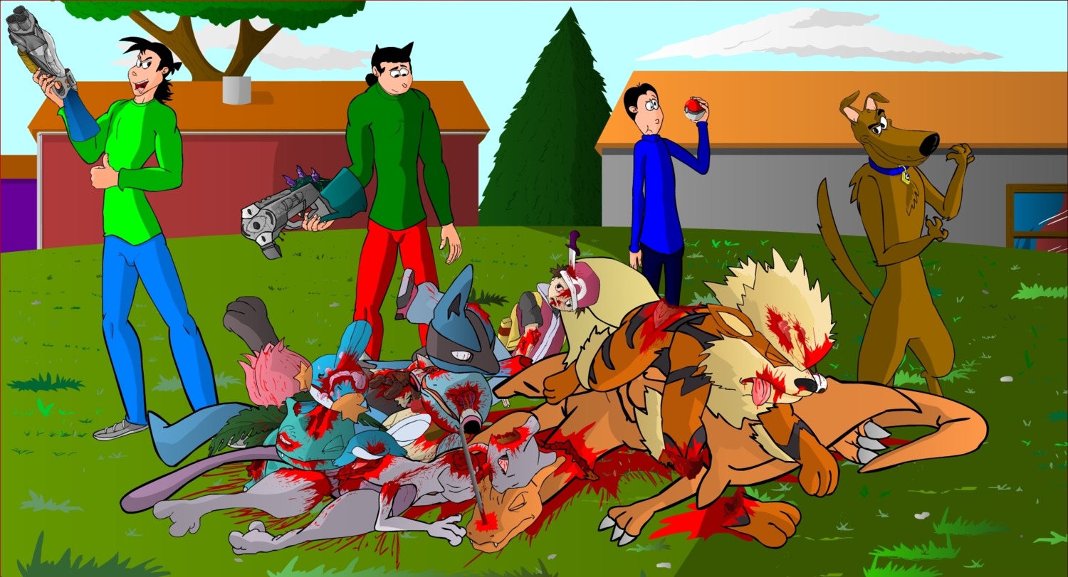 ambiguous_gender anthro arcanine blood blue_body blue_fur bodily_fluids canid canine canis carnage charizard collar death decapitation domestic_dog dragon e621 eevo_(author) eevo_(character) elder_(character) felid fur gang generation_1_pokemon generation_3_pokemon generation_4_pokemon gore group gun guts hi_res human innards ivysaur jujo_(character) killing knife legendary_pokemon lucario male mammal membrane_(anatomy) membranous_wings mewtwo mudkip mythological_creature mythological_scalie mythology neighborhood nintendo organs parody pokeball pokemon pokemon_(species) pokemon_trainer ranged_weapon scalie severed_body_part severed_head squirtle tail unwilling_stereotypes weapon what wings