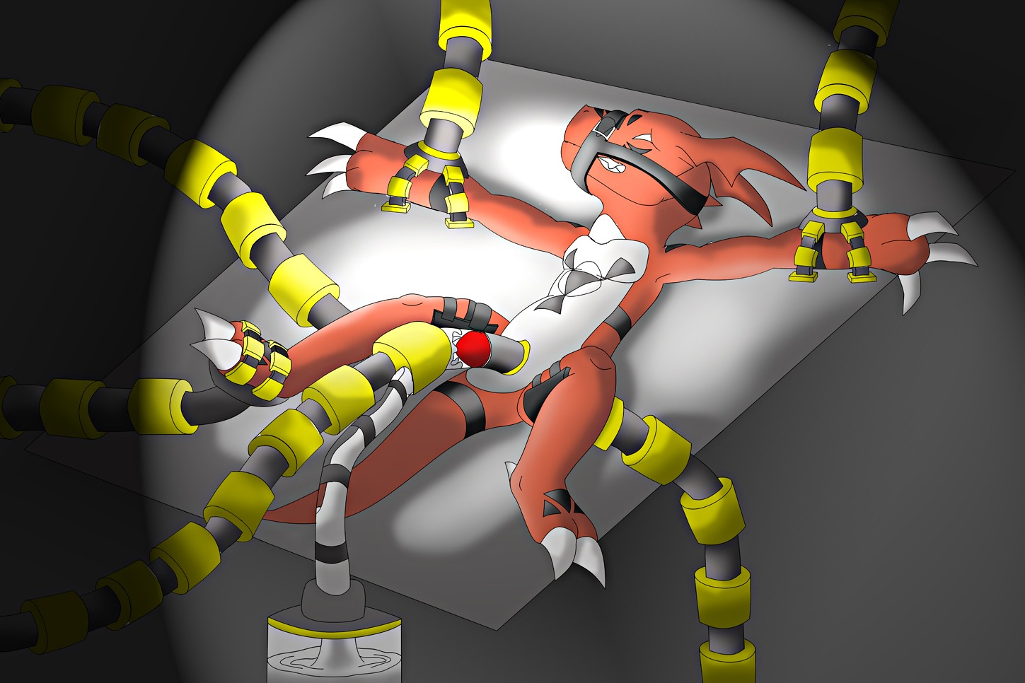 2_toes 3:2 3_fingers anthro arm_grab bandai_namco black_markings bodily_fluids bound claws clenched_teeth cuff_(restraint) cum digimon digimon_(species) digital_hazard digital_media_(artwork) dragon e621 empty_eyes erection feet fingers forced forced_orgasm frill_(anatomy) fully_restrained genital_fluids genitals guilmon hector21314 leg_grab lying machine male markings membrane_(anatomy) membranous_frill milking_machine muzzle_(object) muzzled mythological_creature mythological_scalie mythology on_back orange_body orange_skin orgasm penile penis penis_milking reptile restrained restraints scalie shackles solo spotlight symbol tail tail_cuff teeth toes white_body white_claws white_skin young young_anthro young_male