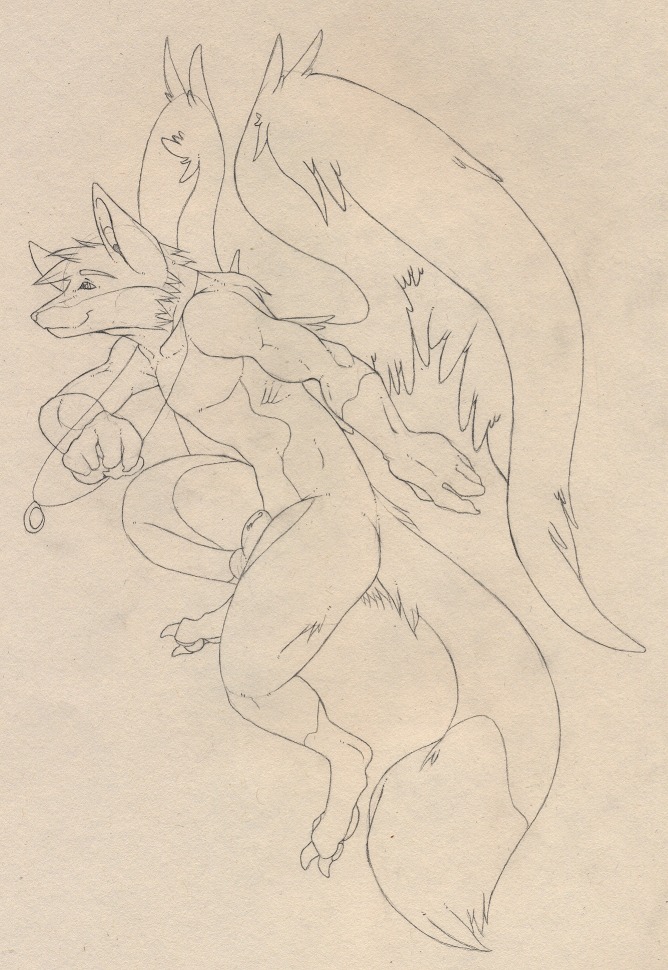 animal_genitalia anthro balls black_and_white canid canine e621 feathered_wings feathers flying fox fully_sheathed genitals male mammal monochrome nude sheath shiroepsilon sketch solo source_request tail traditional_media_(artwork) wings