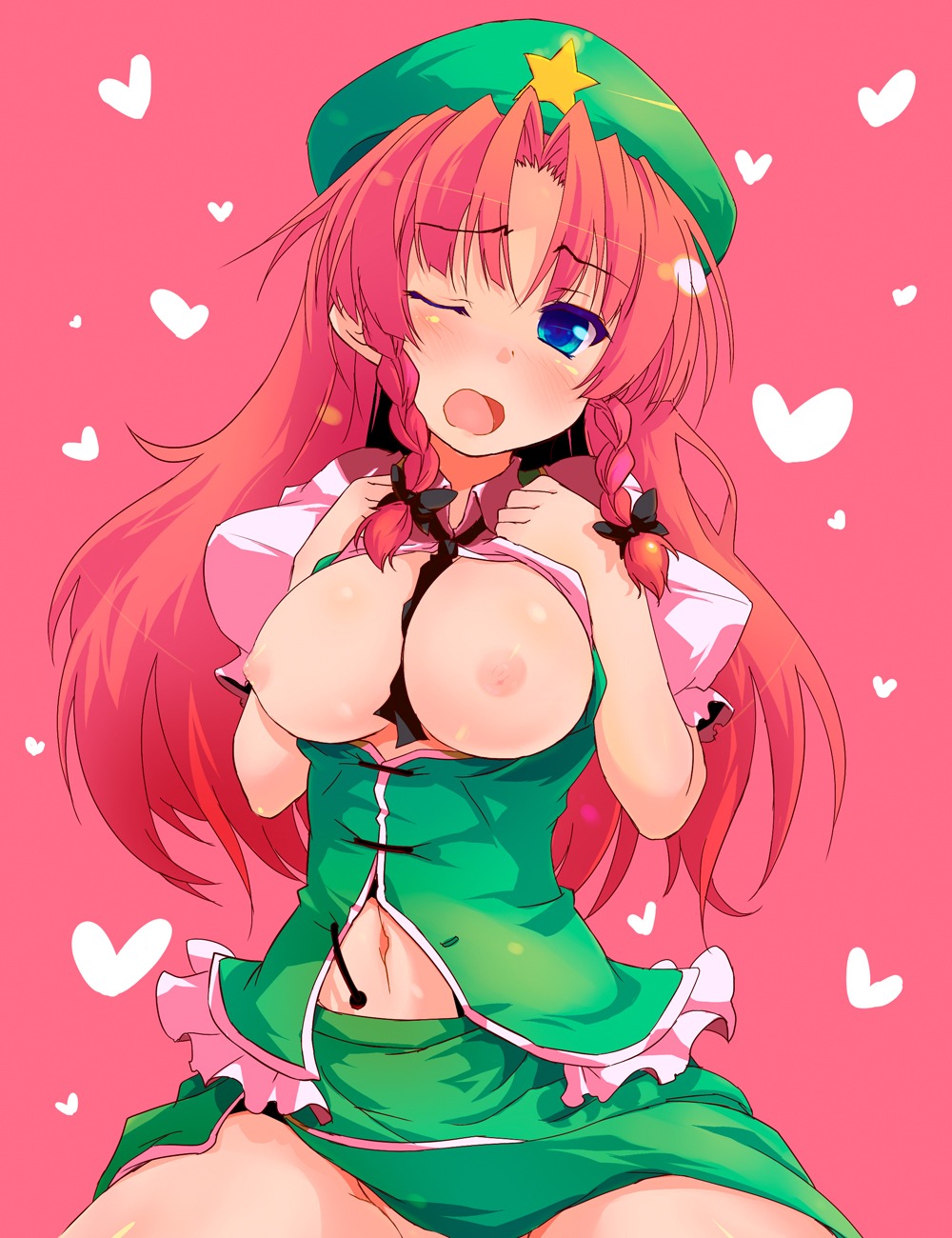1girls blue_eyes braid breasts female hat heart highres hong_meiling long_hair no_bra no_panties red_hair rule34 solo sw the_embodiment_of_scarlet_devil touhou twin_braids