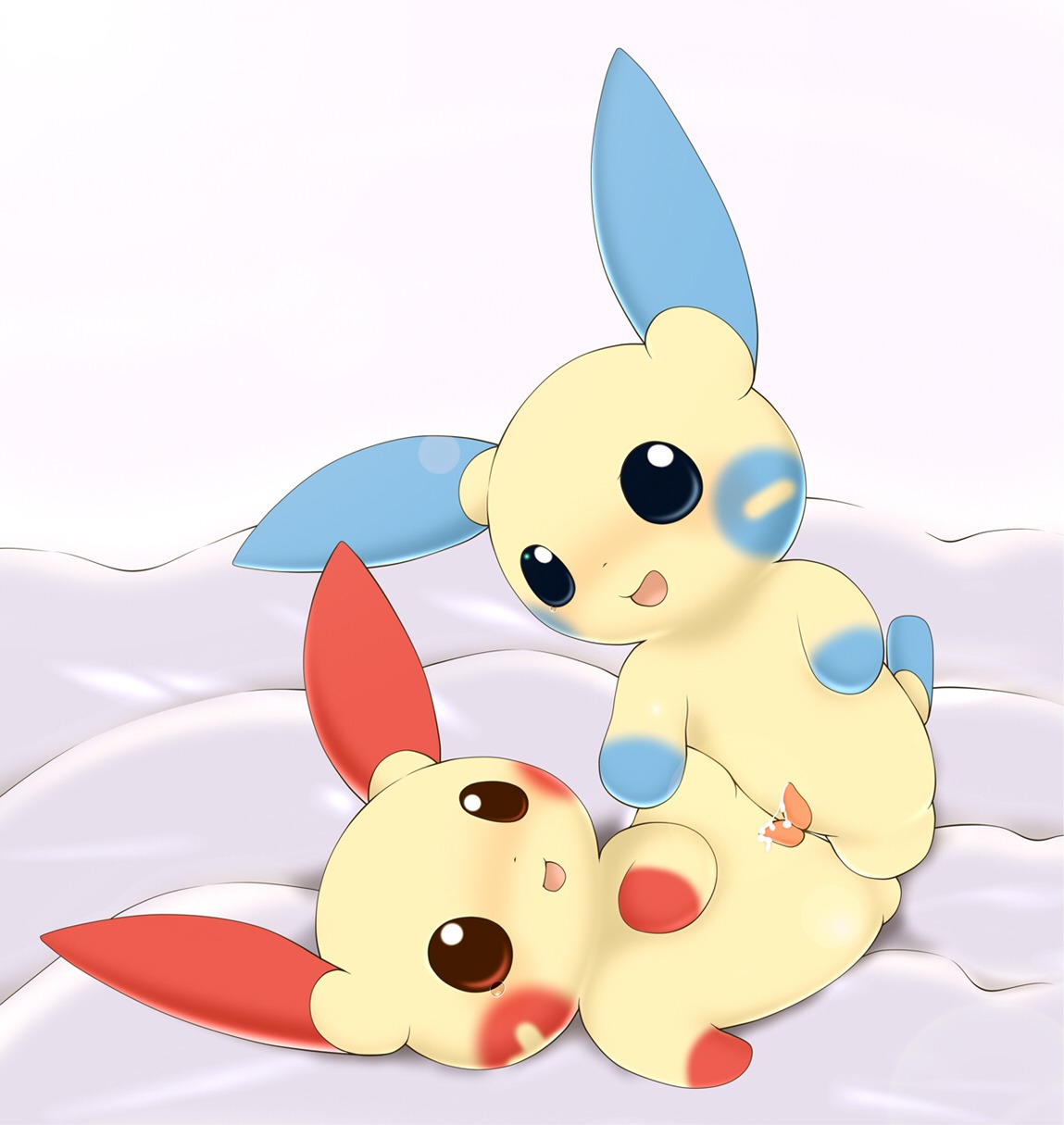 anthro blue_eyes bodily_fluids chibi cum duo e621 erection frottage generation_3_pokemon genital_fluids genitals hi_res kemono male male/male minun nintendo open_mouth penile penis penises_touching plusle pokemon pokemon_(species) red_eyes schnecken sex shota small_penis tapering_penis young young_anthro young_male