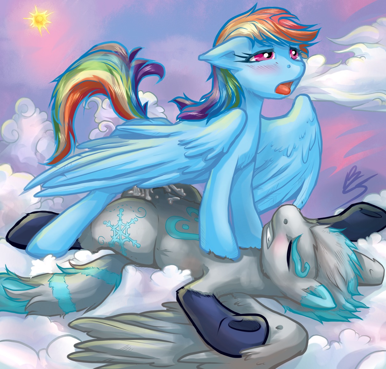 blue_body blue_feathers blue_fur blush bodily_fluids buttercup_saiyan cloud cowgirl_position cum cum_in_vagina cum_inside cutie_mark duo e621 equid equine eyes_closed feathered_wings feathers female feral feral_on_feral friendship_is_magic from_front_position fur genital_fluids hair hasbro hi_res male male/female mammal multicolored_hair multicolored_tail my_little_pony mythological_creature mythological_equine mythology on_bottom on_cloud on_top open_mouth outside pegasus purple_eyes rainbow_dash_(mlp) rainbow_hair rainbow_tail sex sky skyscape straddling tail tongue wings