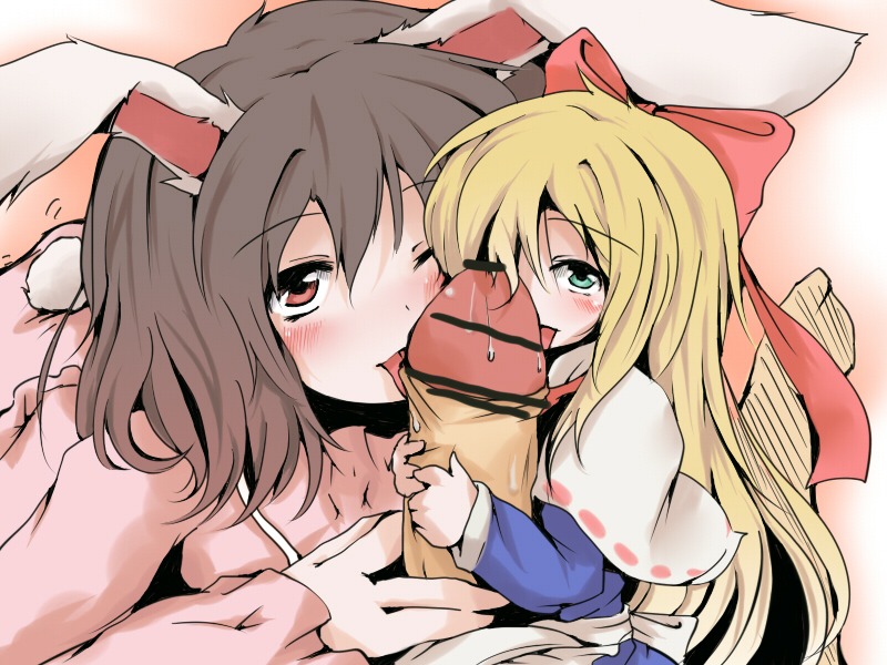 blonde_hair blush bow brown_hair bunny_ear censored collaborative_fellatio cooperative_fellatio doll fellatio female fur hairband long_hair male micro_female multiple_fellatio naughty_face nejime oral penis rule34 shanghai_doll short_hair tail teamwork tewi_inaba touhou