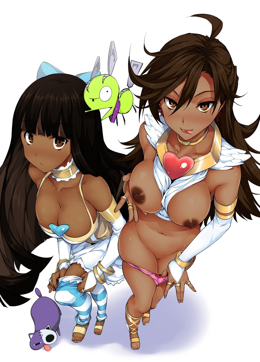 2girls areolae bow bracelet breasts breasts_out bridal_gauntlets brown_eyes brown_hair choker chuck_(psg) cleavage corset covered_nipples dark_skin dress edit female from_above hairbow highres honekoneko_(psg) jewelry large_breasts legs long_hair multiple_females multiple_girls naughty_face nipples panties panty_&amp;_stocking_with_garterbelt panty_anarchy panty_pull rule34 shoes stocking_anarchy striped striped_legwear striped_stockings striped_thighhighs tagme thighhighs tongue tosh_(artist) underwear undressing white_dress
