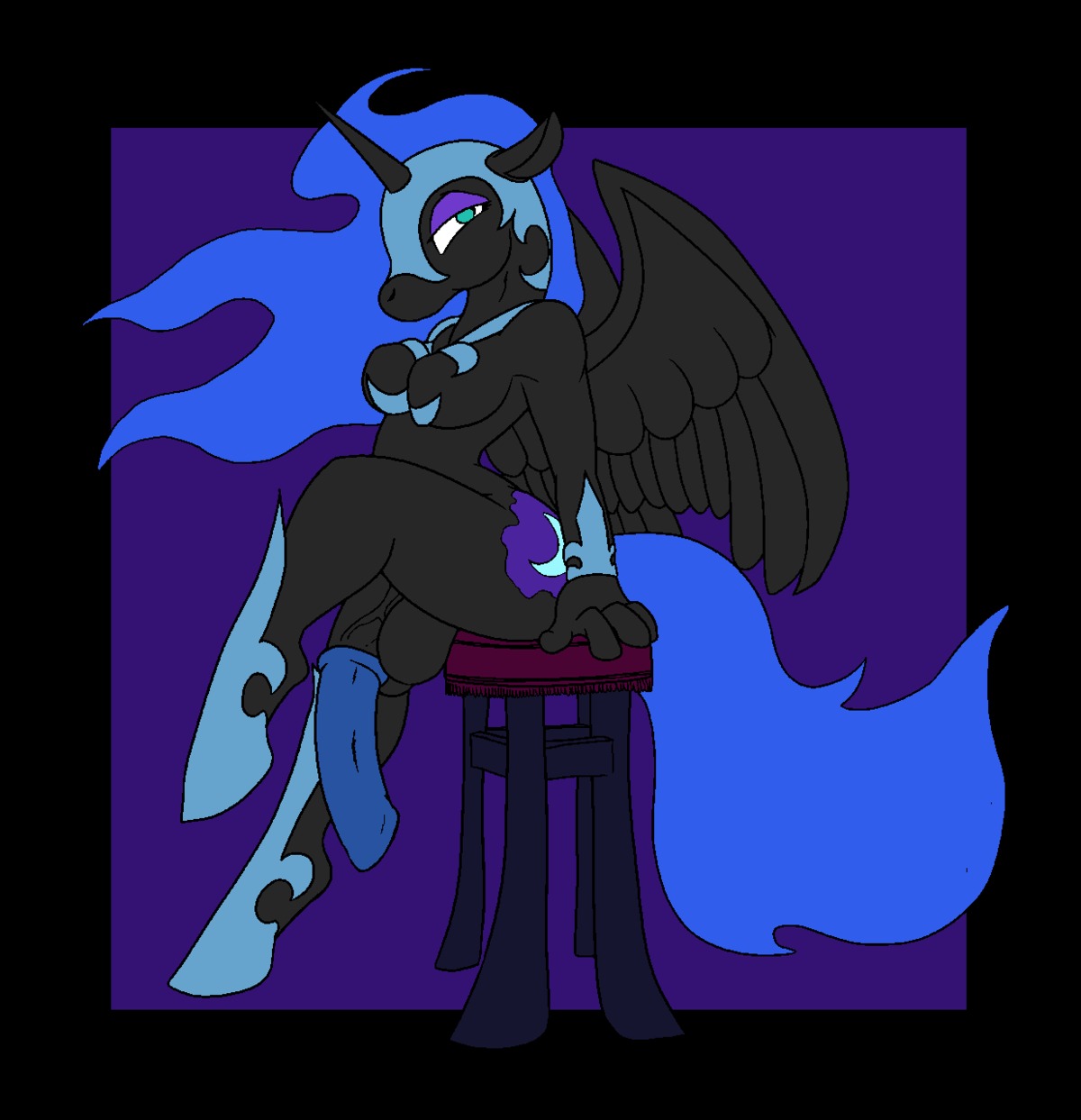 2011 animal_genitalia animal_penis anthro anthrofied balls biped black_body black_feathers black_fur bloo blue_eyes blue_hair breasts cutie_mark e621 equid equine equine_genitalia equine_penis feathered_wings feathers flaccid friendship_is_magic fur furniture genitals gynomorph hair hasbro hi_res horn intersex mammal my_little_pony mythological_creature mythological_equine mythology nightmare_moon_(mlp) penis solo stool tail ultragamer89 winged_unicorn wings
