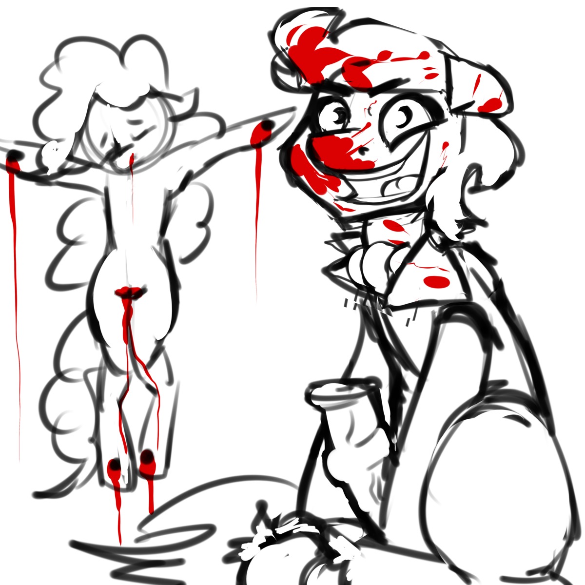 1:1 absurd_res after_sex animal_genitalia animal_penis balls black_and_white_and_red blood bodily_fluids crucifixion duo e621 earth_pony equid equine equine_genitalia equine_penis erection eyes_closed fan_character female feral friendship_is_magic genitals getajobnerdmcscrublord hair hasbro hi_res horse line_art male mammal my_little_pony nailed nude penis pinkie_pie_(mlp) pony simple_background smile vulva white_background