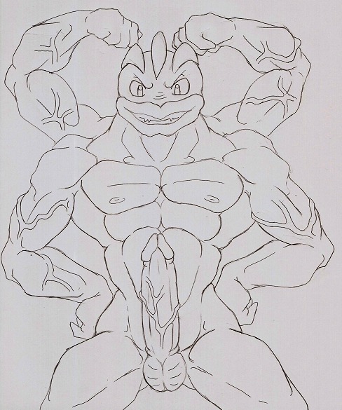dark-moltres erection flexing front_view machamp male male_only monochrome multi_arm multi_limb muscles nipples nude penis pokemon pokemon_(species) rule34 solo tagme