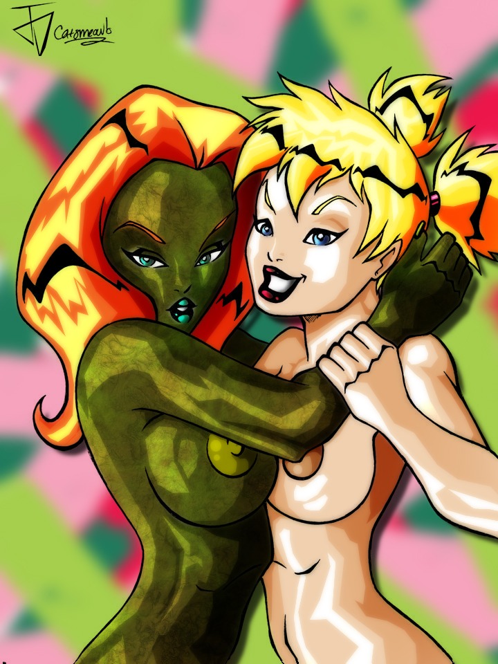 2d 2girls batman_(series) big_breasts blonde_female blonde_hair breasts dc dc_comics female female_only green-skinned_female green_skin harleen_quinzel harley_quinn multiple_females multiple_girls nipples nude orange_hair poison_ivy rule34 signature tagme text unknown_artist white_female yuri