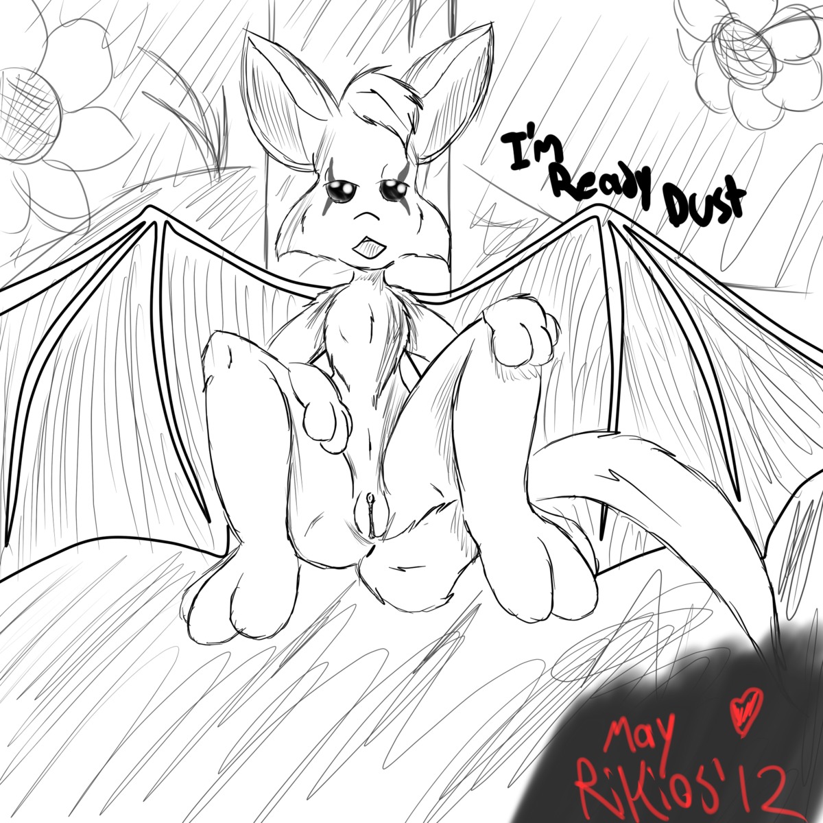 1:1 2012 3_fingers 3_toes bat big_ears chest_tuft clitoris dust:_an_elysian_tail e621 empty_eyes feet female feral fidget_(elysian_tail) fingers flower fur genitals hi_res humanoid_genitalia humanoid_vulva line_art looking_at_viewer mammal membrane_(anatomy) membranous_wings monochrome nimbat no_sclera nude open_mouth plant sitting solo spread_legs spreading succubusbnny tail toes tuft vulva wings