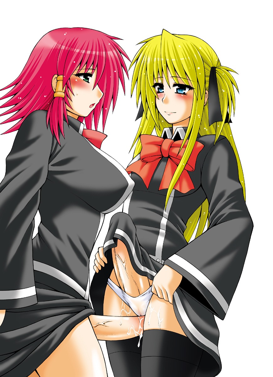 2girls artist_request blonde_hair blue_eyes blush breasts cum erection female frottage futa_with_futa futanari green_eyes intersex large_breasts long_hair multiple_females multiple_girls open_mouth panties penis pink_hair quiz_magic_academy ribbon rule34 ruquia shalon short_hair simple_background source_request thighhighs underwear