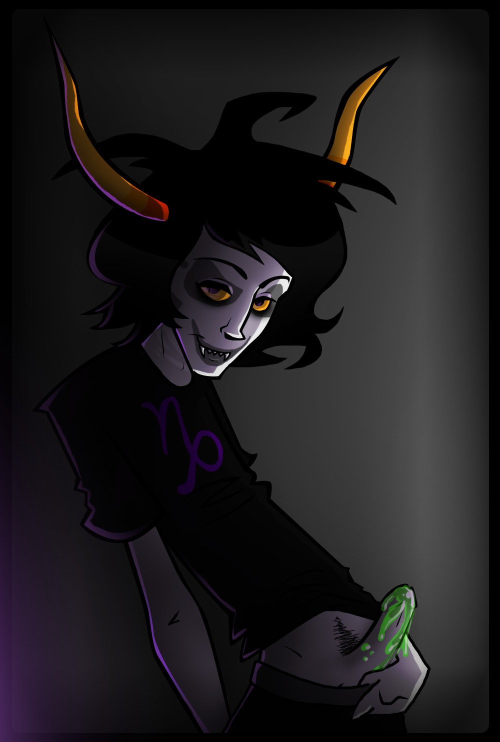 1boy black_hair chihuajo clothing facepaint fangs first_porn_of_character gamzee_makara grey_skin homestuck horns looking_at_viewer male male_only ms_paint_adventures penis pubic_hair rule34 sharp_teeth short_hair slime smile solo troll uncensored white_paint yellow_eyes
