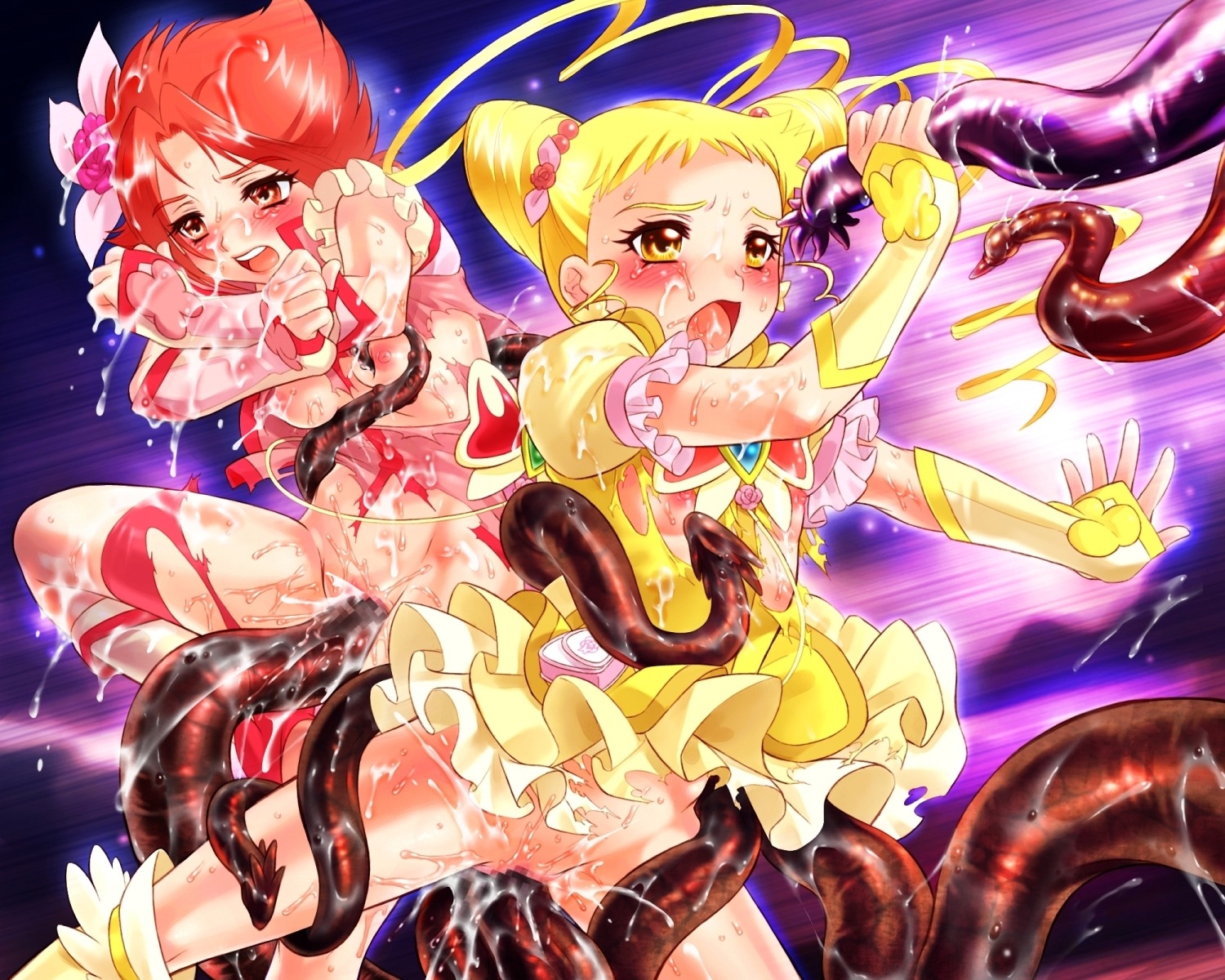 blush breasts censored clothing cum cure_lemonade cure_rouge female flat_chest magical_girl nekozawa_yukari precure pretty_cure rin_natsuki rule34 shorts sippo-soft small_breasts tagme tentacle torn_clothes urara_kasugano