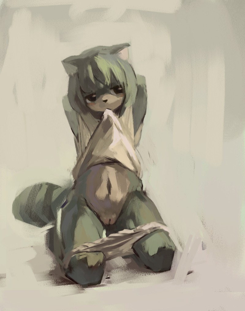 anthro biped blush clothed clothing clothing_lift e621 female fur genitals green_body green_fur green_hair hair halsione kemono kneeling mammal midriff navel painting_(object) panties panties_down partially_clothed procyonid raccoon raised_arm raised_clothing raised_shirt raised_topwear shirt shirt_lift simple_background solo tail topwear underwear underwear_down vulva young young_anthro young_female